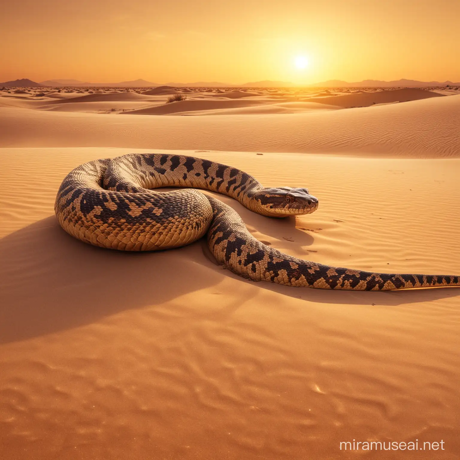 Desert in golden sunset atmosphere. Huge snake is lying in sand.