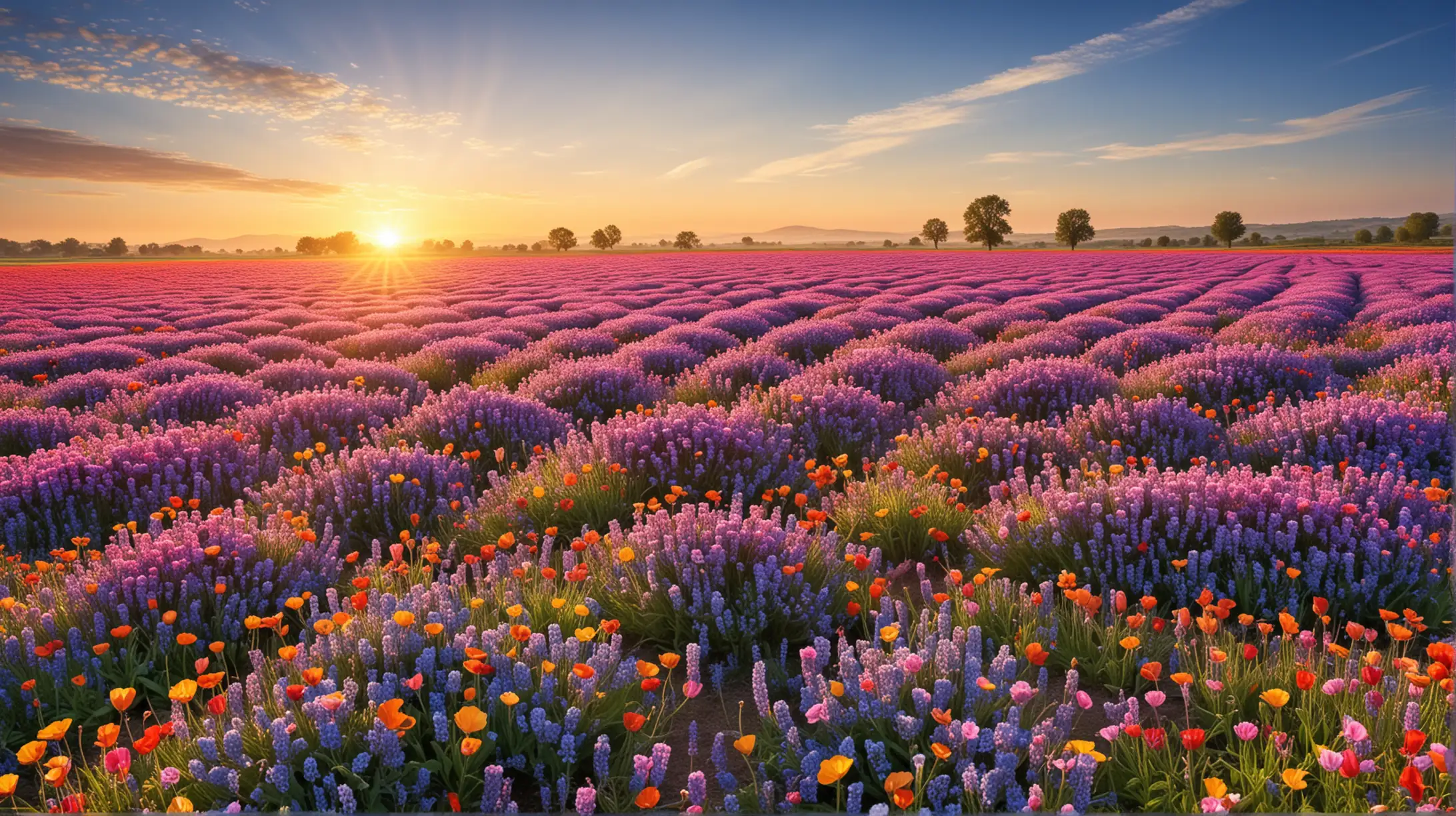 Vibrant Spring Morning Bright and Beautiful Field of Flowers at Sunrise