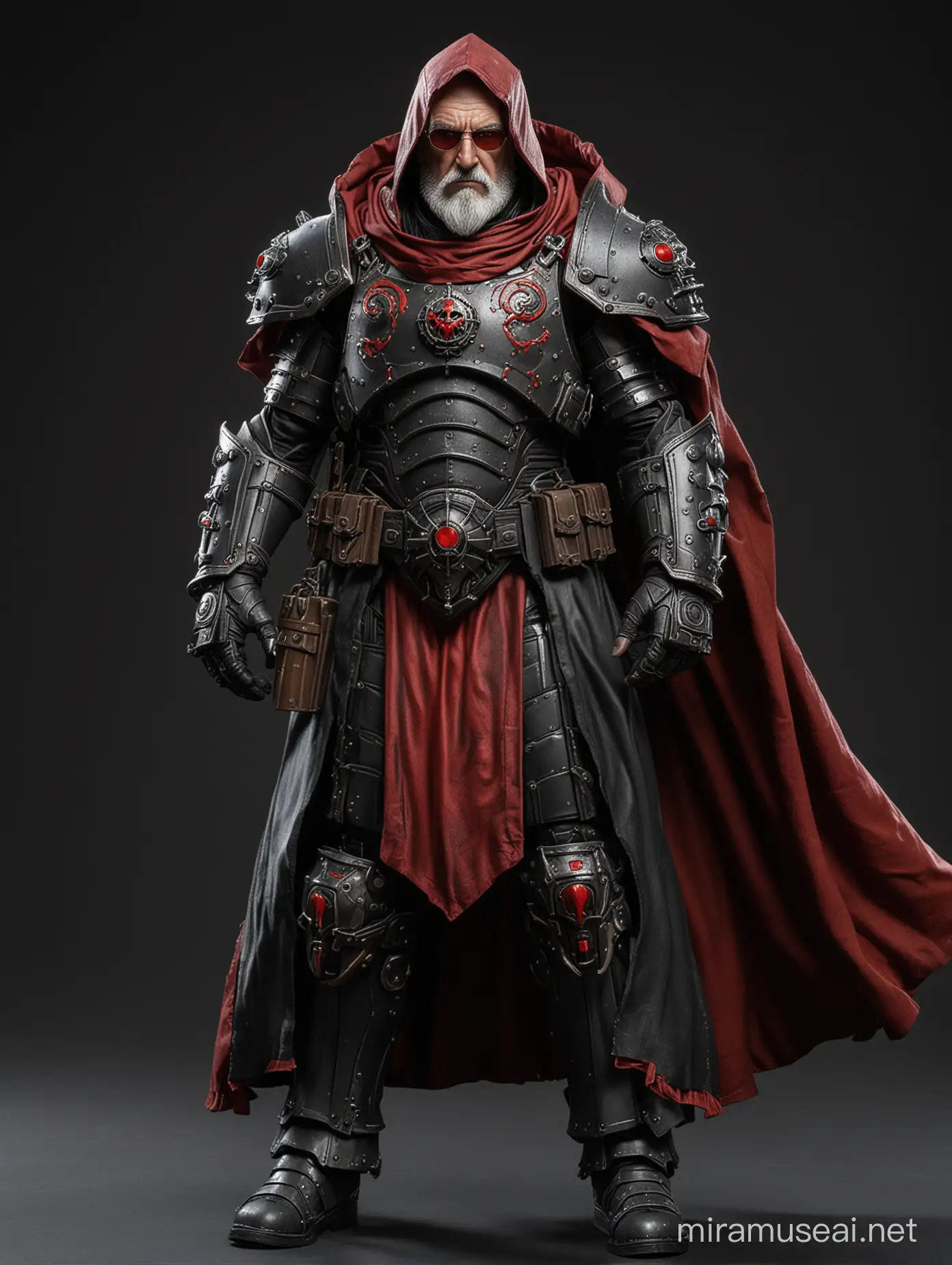 Full body image of 50 year old male inquisitor wearing heavy black warhammer 40k power armor with a cloak of red flowing over the power armor. No helmet but a hood thats connected to the cloak. No weapon. Dark background in image. short grey beard.