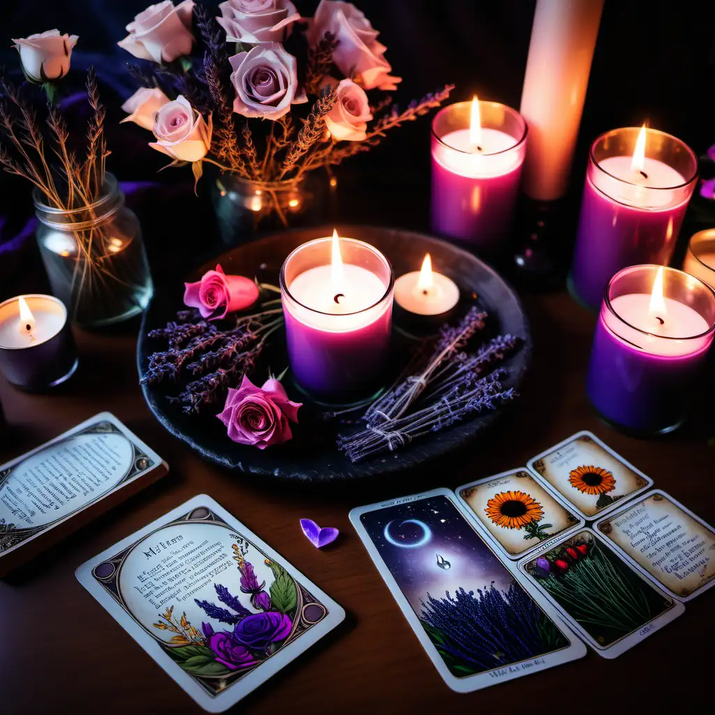 Witchy Sacred Space with Flowers Herbs Roses Lavender Candles and Mystical Oracle Cards