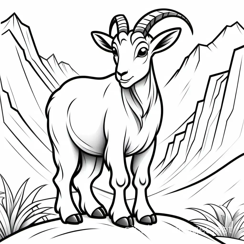 A cartoon illustration in black and white line art, of  a Mountain Goat.  The style is cute Disney with soft lines and delicate shading. Coloring Page, black and white, line art, white background, Simplicity, Ample White Space. The background of the coloring page is plain white to make it easy for young children to color within the lines. The outlines of all the subjects are easy to distinguish, making it simple for kids to color without too much difficulty, Coloring Page, black and white, line art, white background, Simplicity, Ample White Space. The background of the coloring page is plain white to make it easy for young children to color within the lines. The outlines of all the subjects are easy to distinguish, making it simple for kids to color without too much difficulty
