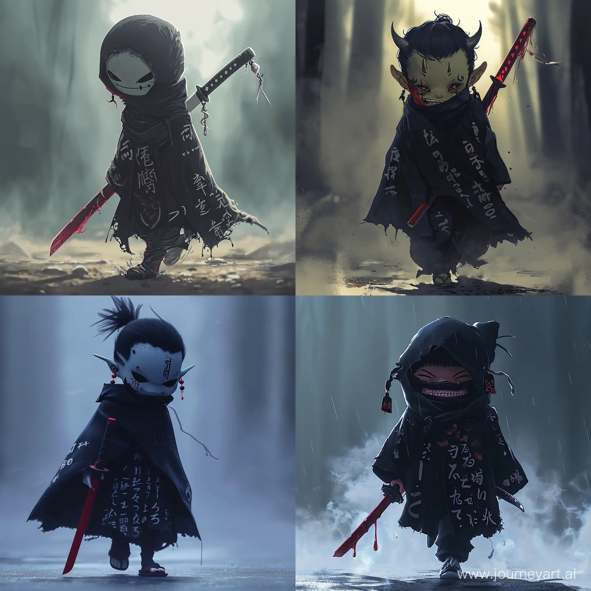 Маленький демон, ходящий под завесой тумана, держа в руках темно красный мечь, черный плащь с японскими надписями, японские серьги на ушах, с закрытым лицом и страшной улыбкой. Anime style