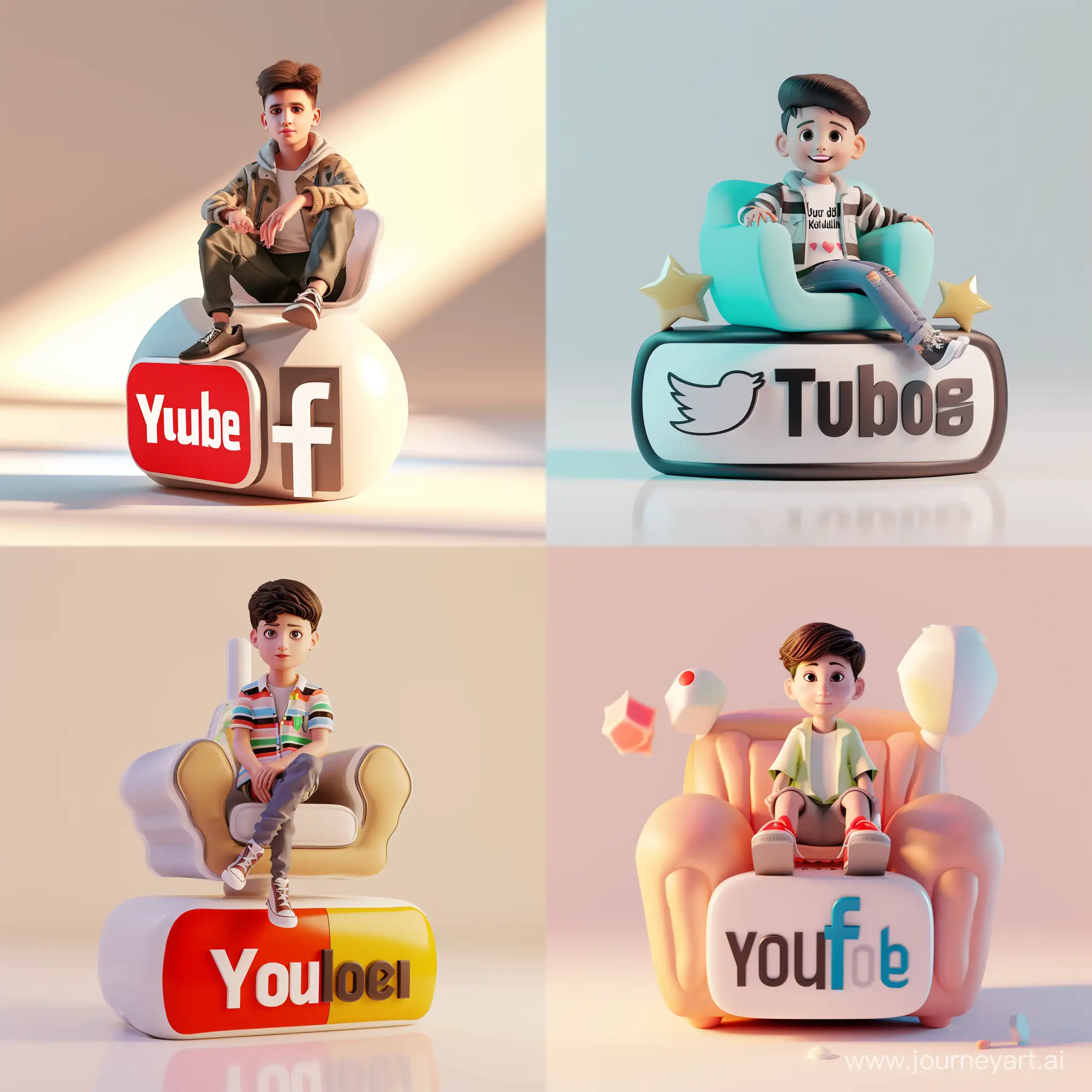 "Create a 3D illustration of an animated character of a handsome boy sitting casually on top of a social media logo "YouTube". The character must wear modern  clothes. The background of the character is mockup of his YouTube profile page with a profile name "Omar AbdAllah" and a profile picture same as character."
البرومبت:  realistic  photo of a cute boy sitting on a logo chair of a social media logo "facebook". wearing Top model clothes. The background is mockup of his Facebook profile page with a profile name "Abdallah khidr" and a profile picture . soft light reflection
