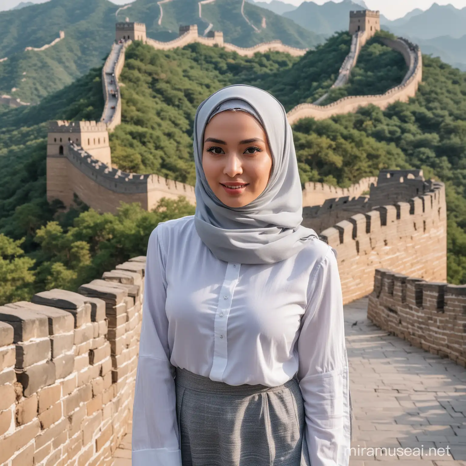 Gadis cantik berjilbab abu abu,baju hem putih,berdiri menghadap kamera,latar belakang greatwall di china