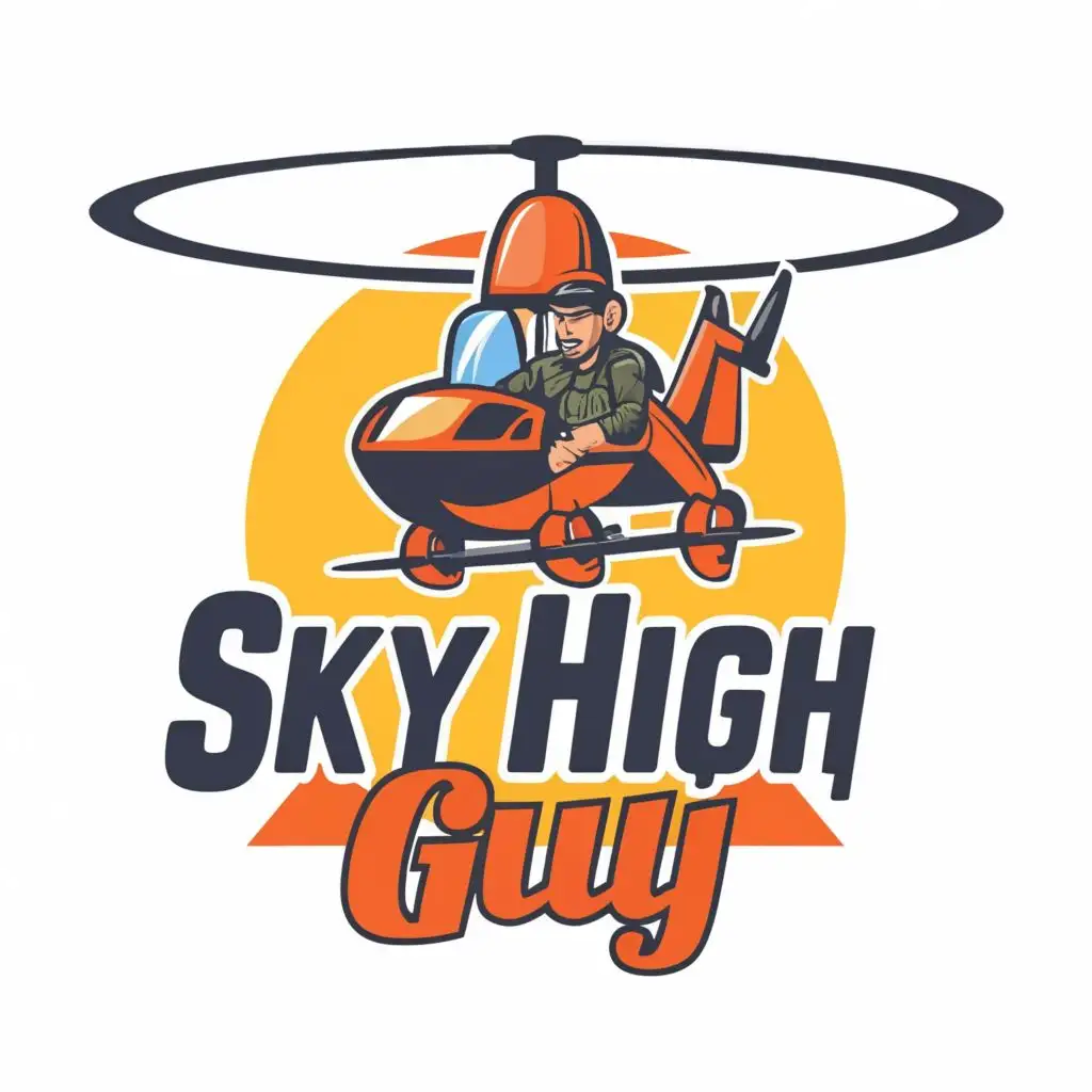 logo, Flying Gyrocopter with pilot with his thumbs up, with the text "Sky High Guy", typography, be used in Entertainment industry