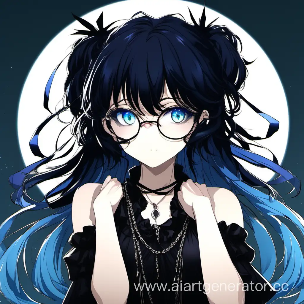 A photo of an anime girl with waist-length black hair. Round glasses, a black necklace, blue eyes, two bunches on her head, a dress with dropped shoulders. The background is dark, Gothic. Anime style is drawn. The photo is shoulder-high. Bangs cover your eyes a little. Tufts of hair.