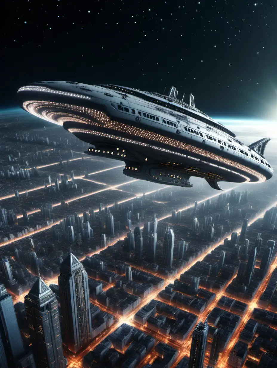ultra-realistic high resolution and highly detailed photo with depth-perception of an enormous space ship full of lights hovering above a large city of the future