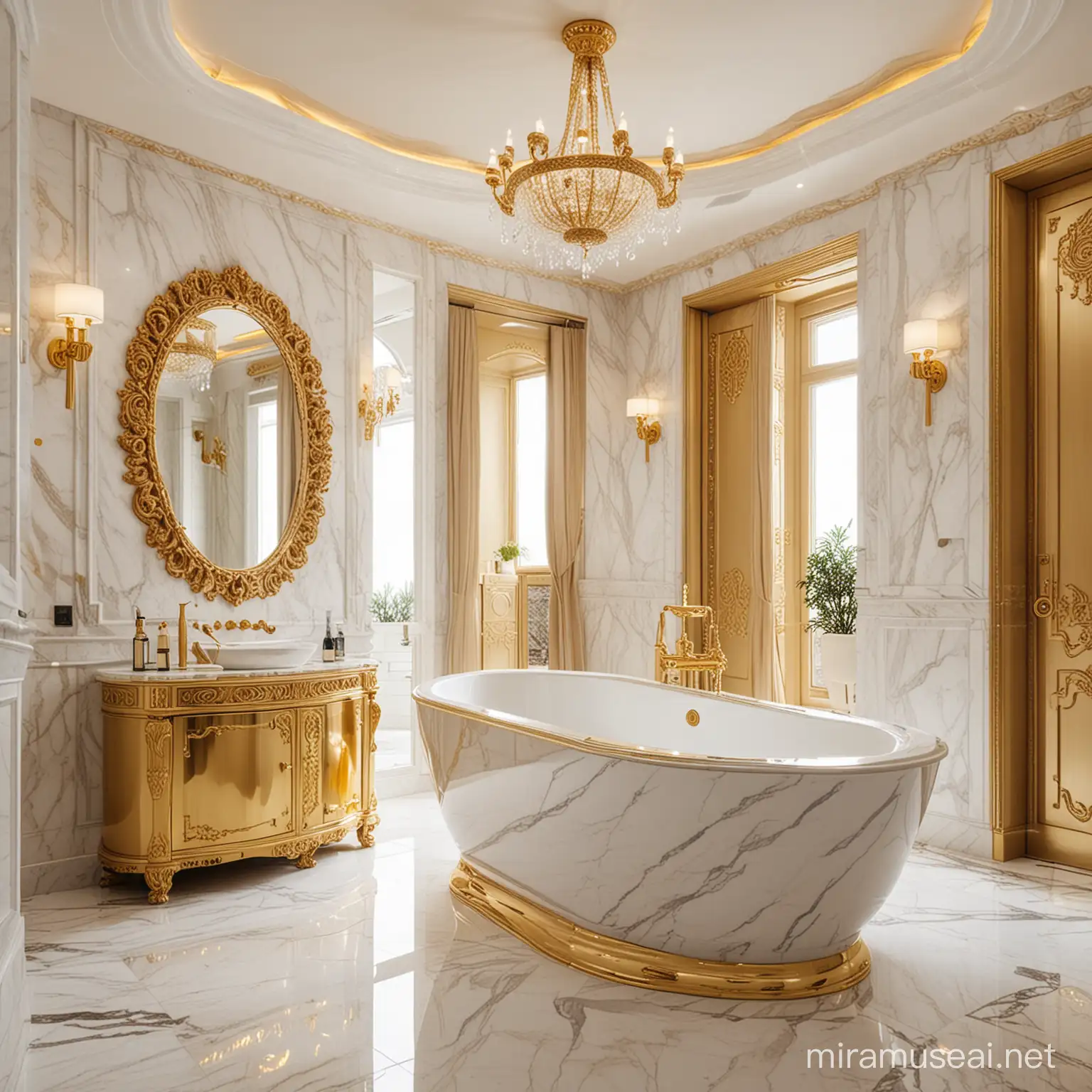 Beautiful Bathroom interior with exclusive marble. There is gold-plated bathtub. Dubai style. Very expensive