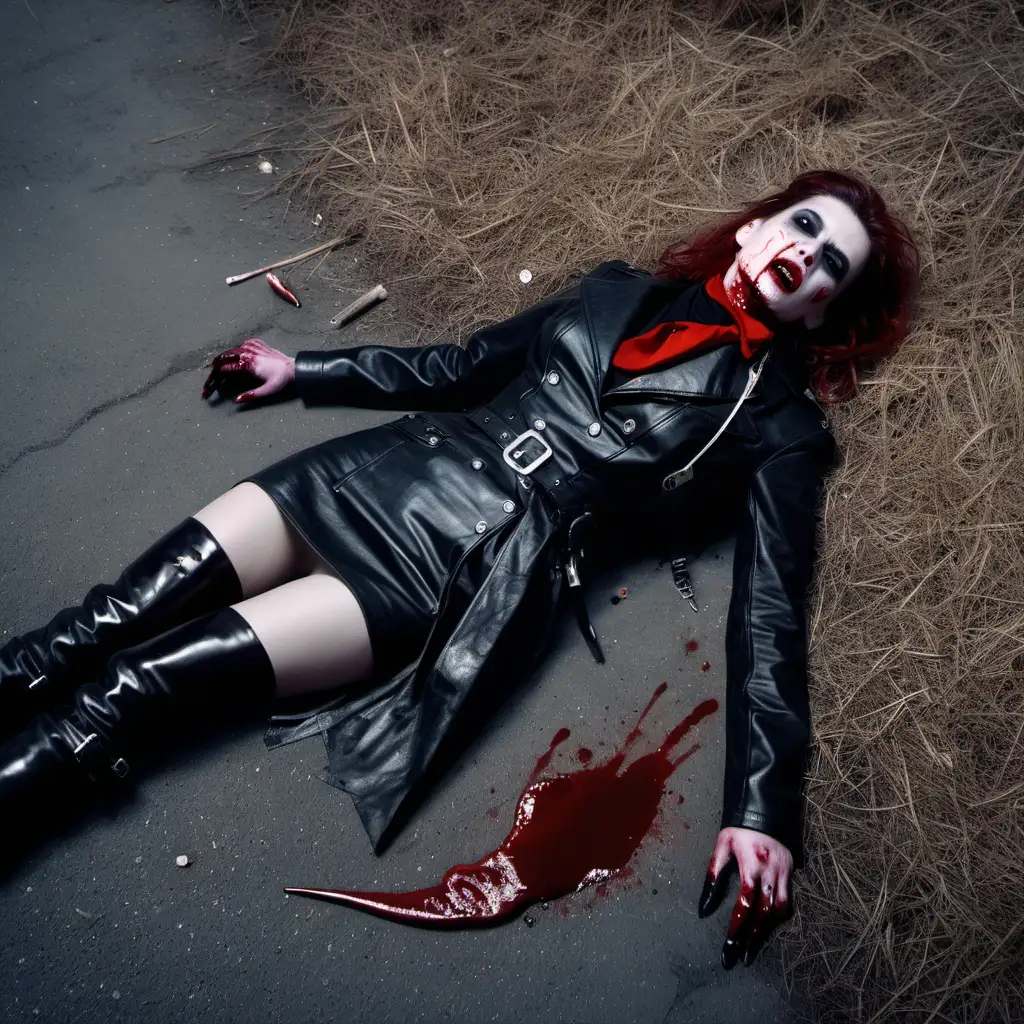 dead pretty woman gunslinger in black leather coat and boots lying on ground grasping bleeding throat dying