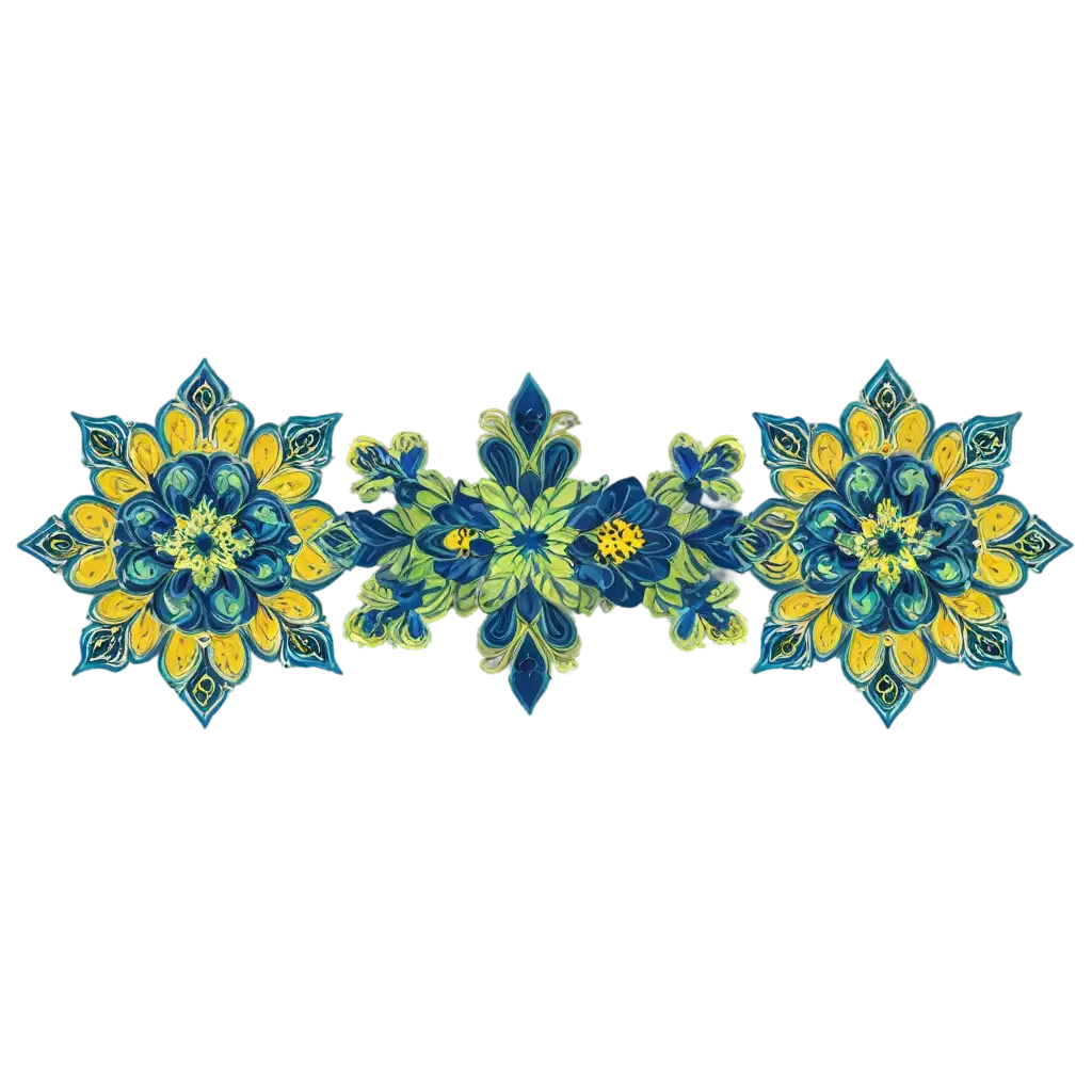 Create a mandala pattern using only blue, green, yellow colours using Russian motifs