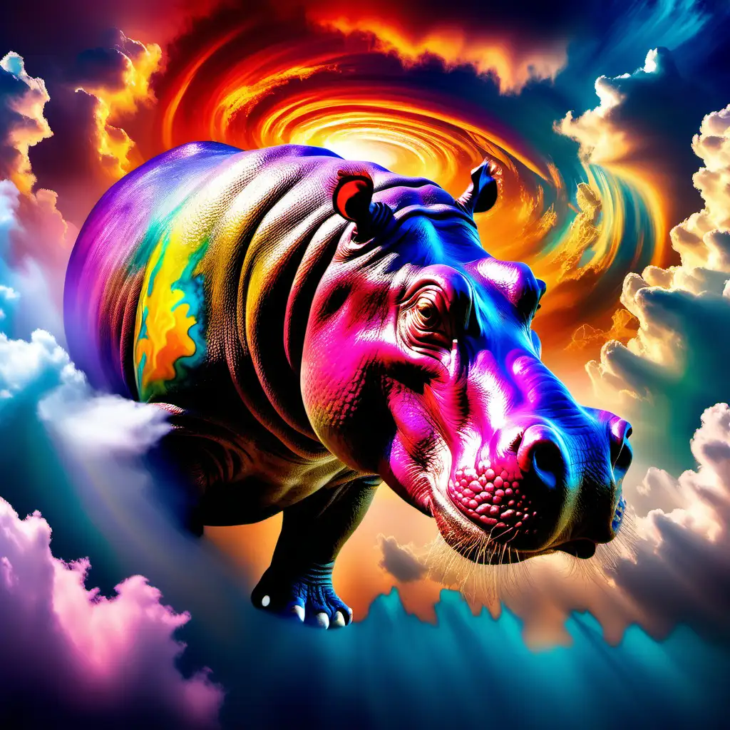 Imagine a breathtaking scene where a vibrant, multi-hued hippopotamus head emerges from a canvas of swirling, iridescent clouds. The hippopotamus head form is vividly painted with a palette of vibrant colors, emanating an aura of raw power and strength amidst the ever-shifting, kaleidoscopic clouds that surround it. Capture the essence of this majestic creature as it stands as a symbol of primal force and beauty within the mesmerizing, colorful expanse of the sky.
