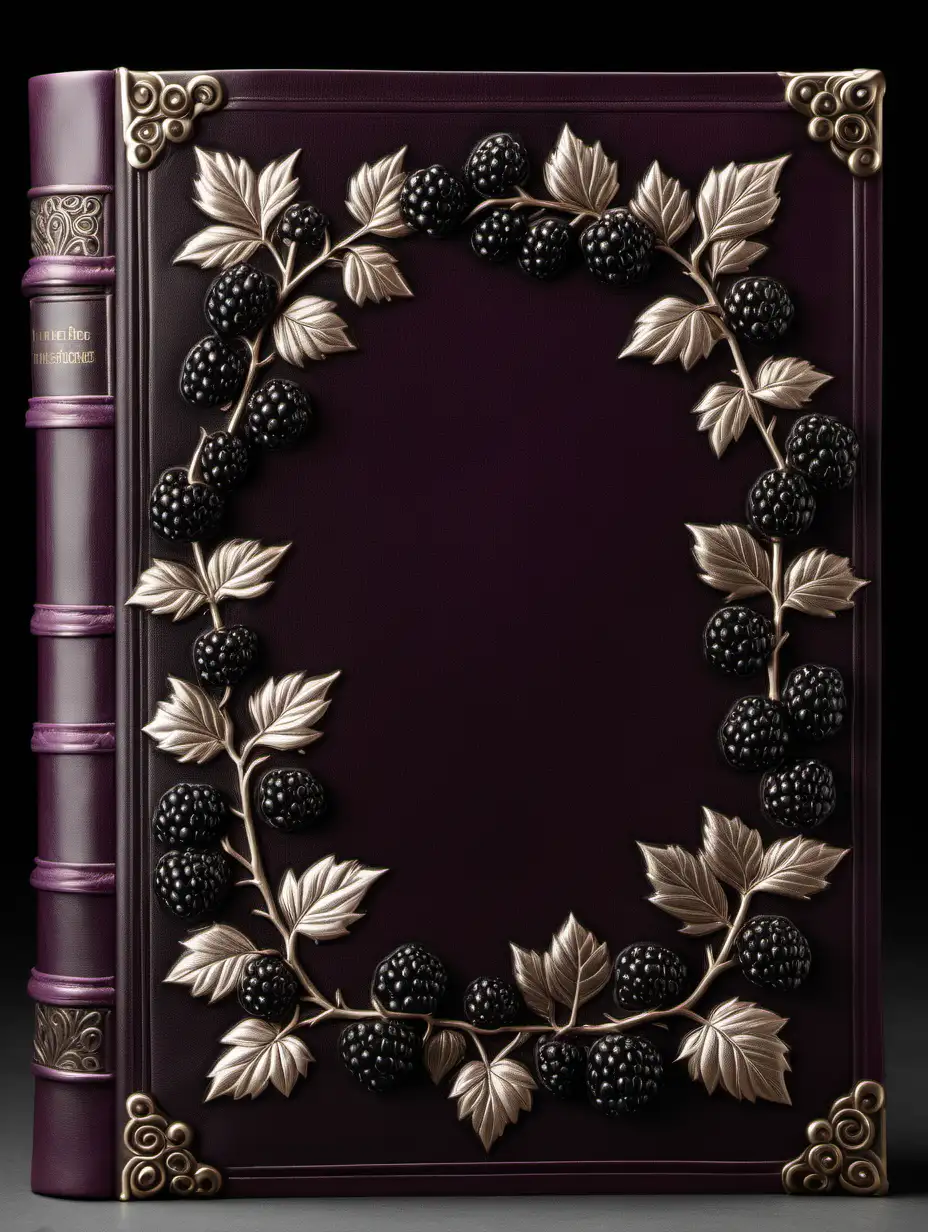 blank book cover in leather with a central negative space, having the color of wild blackberry brambles; with an elegant, stamped border around the central negative space.