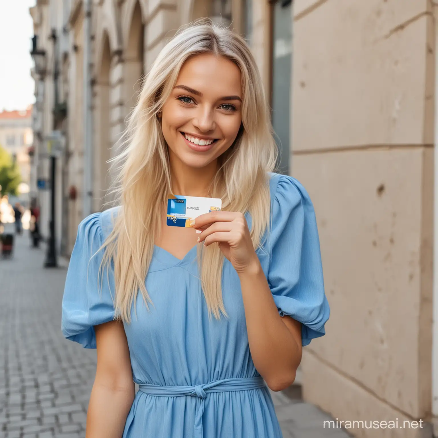 Ukrainian woman in a modern blue dress holding a white credit card and smiling. She has light hair.  She is outside on a sunny day. She has yellow bracelet on her wrist