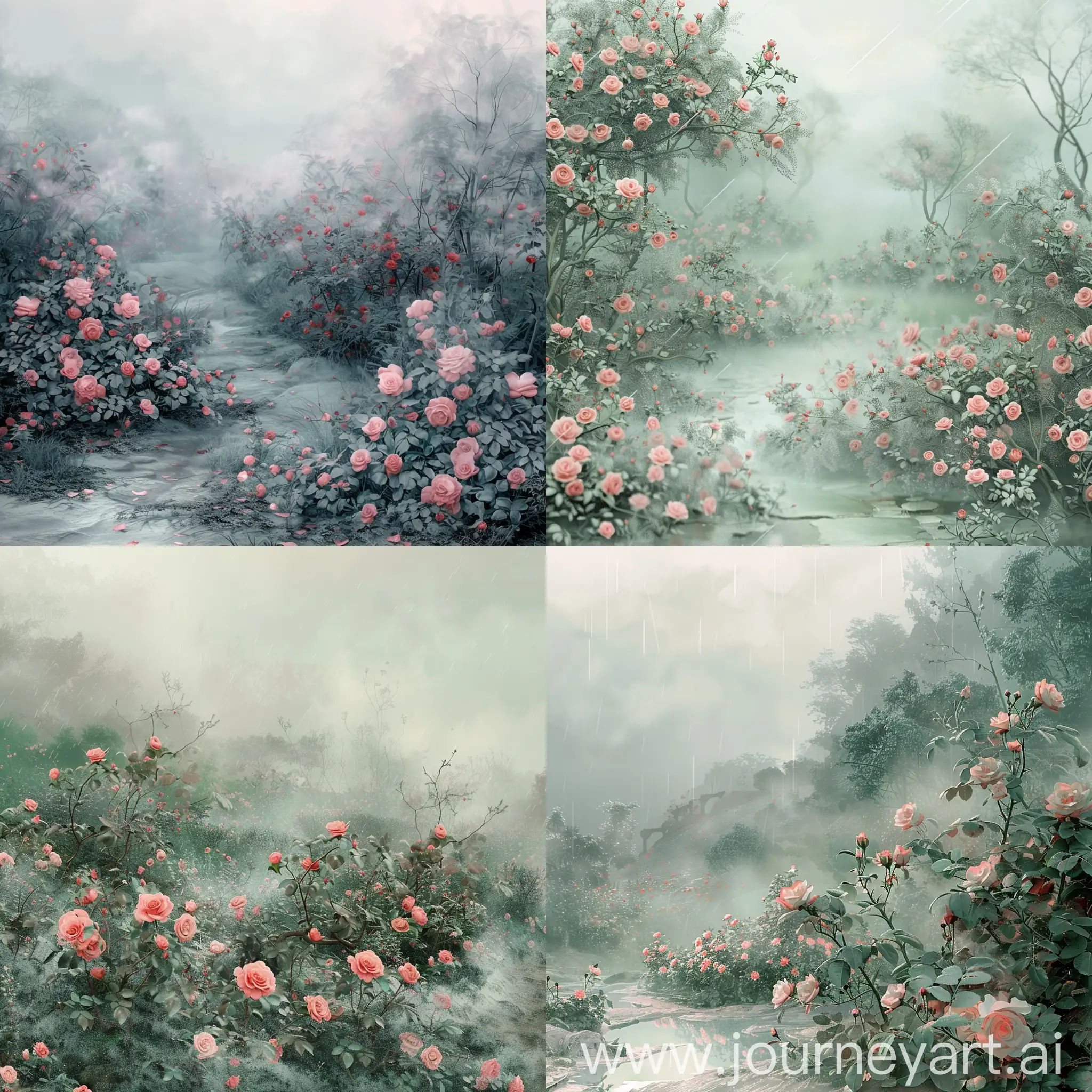 Enchanting-Morning-Landscape-PinkGrey-Rose-Bushes-in-Rain