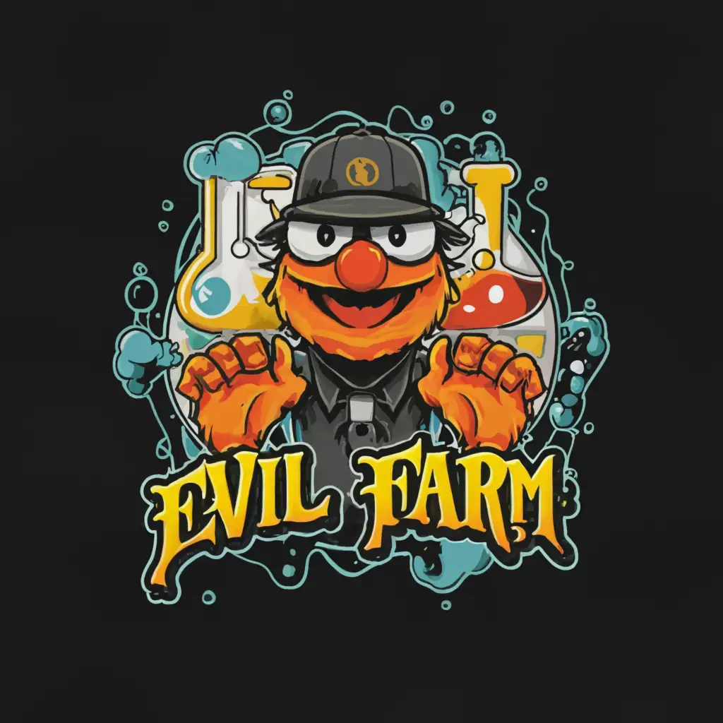 a logo design,with the text 'Evil Farm', main symbol:Muppet's Elmo dressed in streetwear working in a laboratory,he has a black baseball hat. In the logo, there are rosin presses and test tubes filled with yellow wax. The logo is round and captivating; in the background, there is an advanced Chemical Laboratory.,complex,to be used in Technology industry,clear background