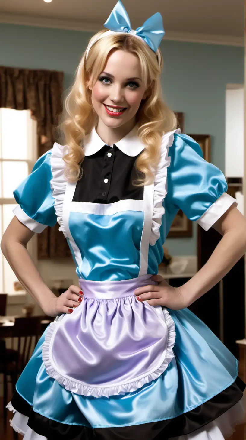 girls in long crystal silk   retro strong style sky BLUE and lila
 french maid gown with L apron and peter pan colar and long and short sleeves costume and milf mothers long blonde and red hair,black hair rachel macadams  smile in house