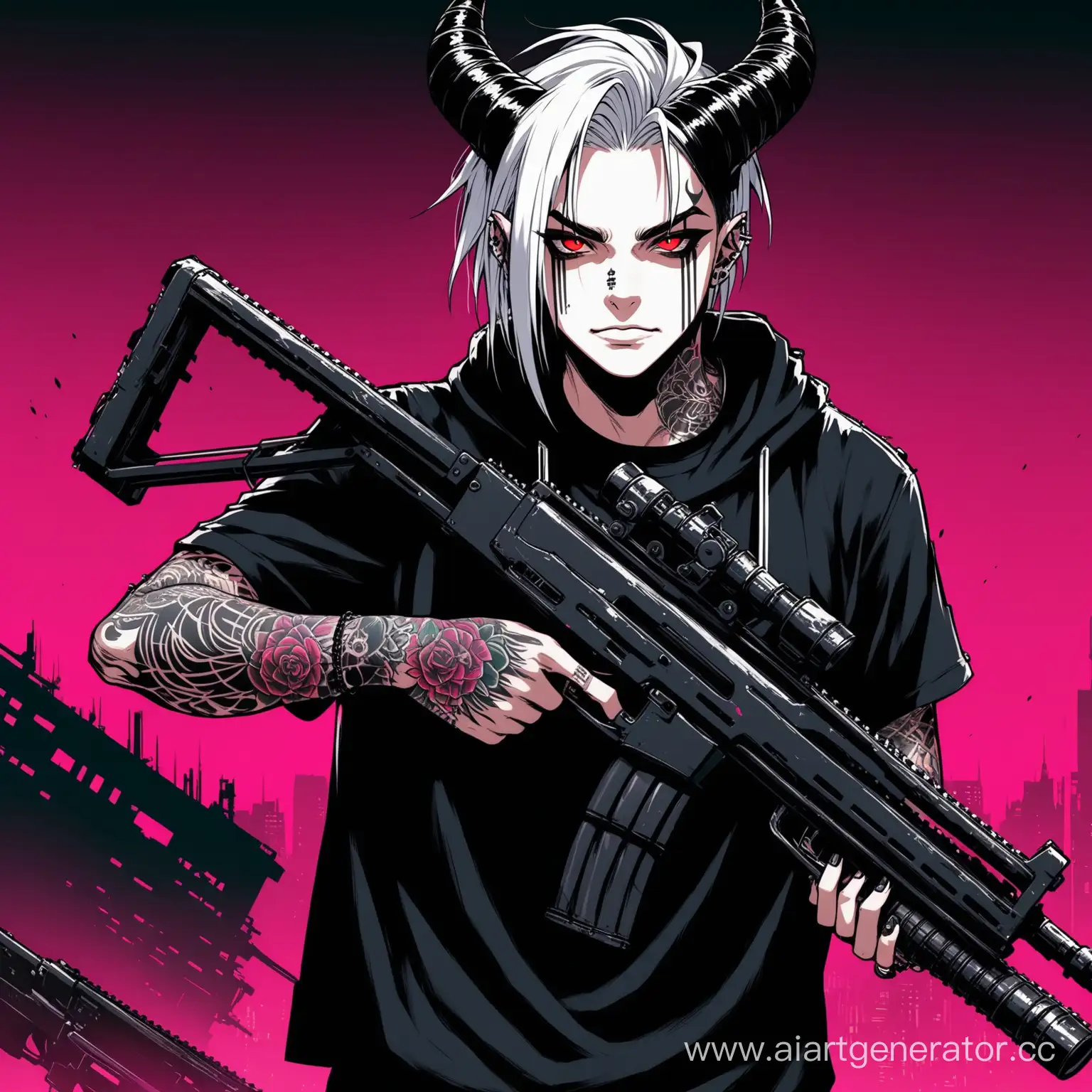 cyber punk Guy with long ash-colored hair 21 years old with a white face and tattoos all over his face Maleficent horns Red eyes in a black T-shirt holding a machine gun