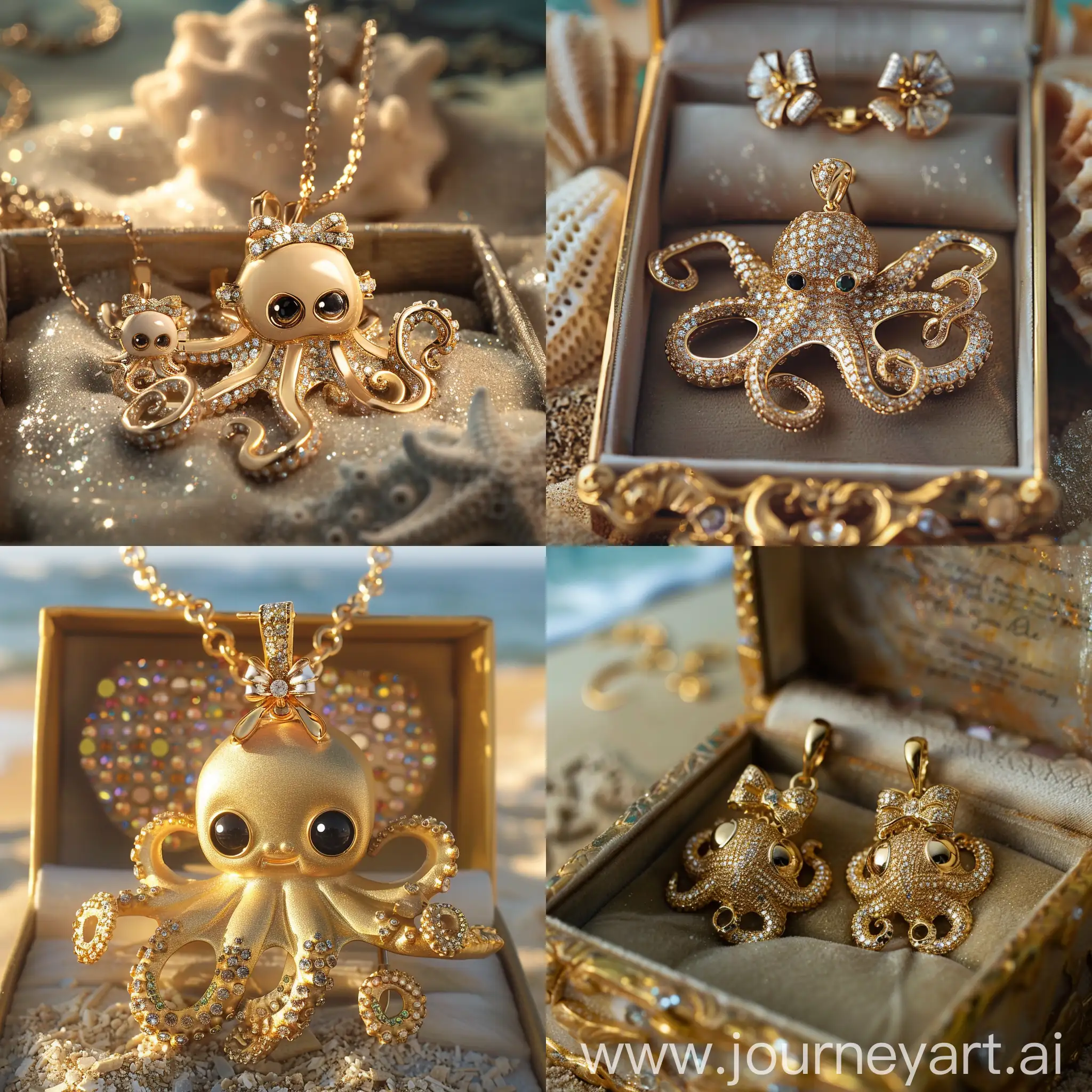  a gold pendant and earing in the shape of a three-dimensional cute octopus, and jewels are worked on their arms, and they have bows on their cute heads, with very fancy and beautiful eyes in a  fancy box with a background of ocean and sand.