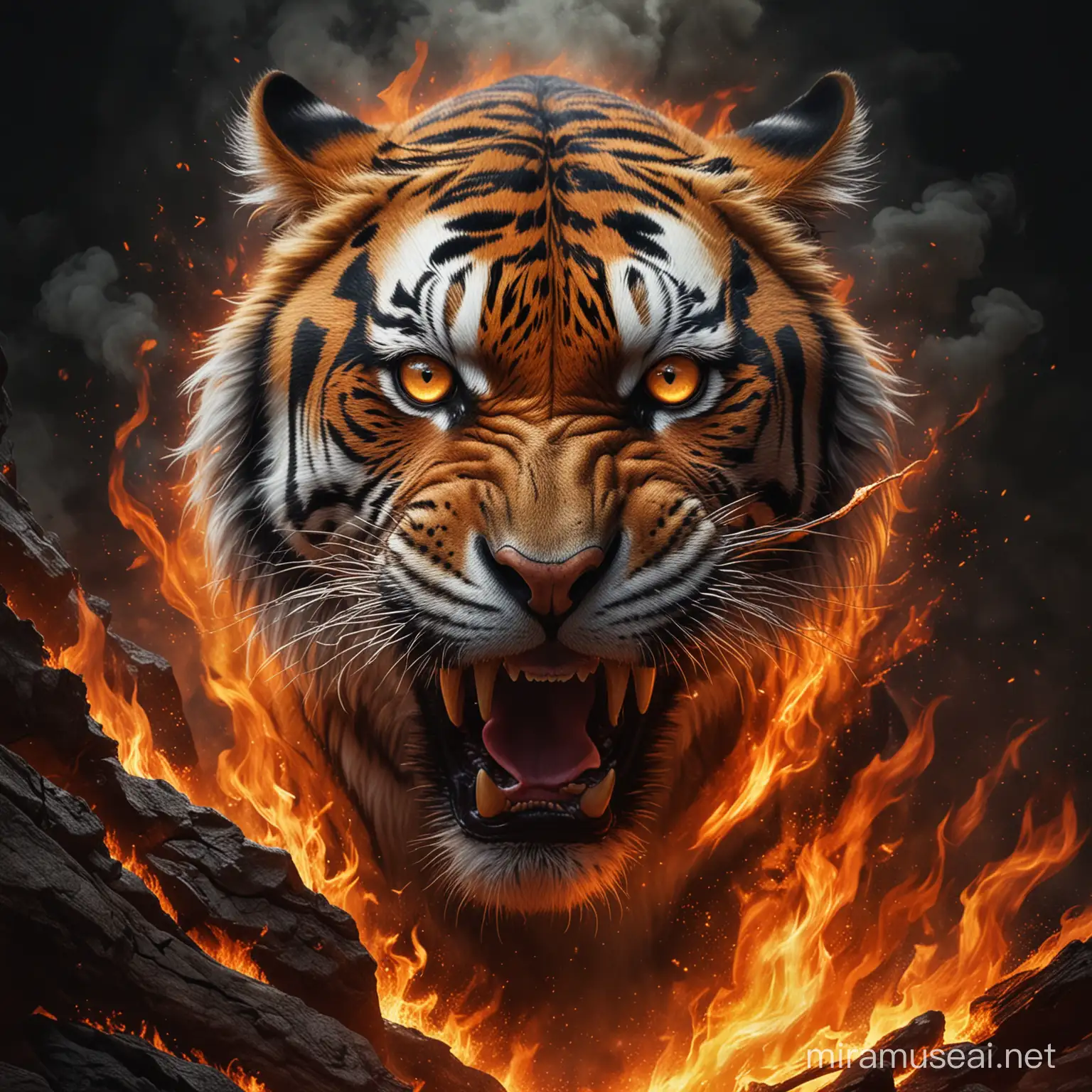 "Experience the raw intensity as a tiger emerges from the flames, its ferocious gaze piercing through the darkness, in this hyper-realistic poster capturing the epitome of primal fury."
