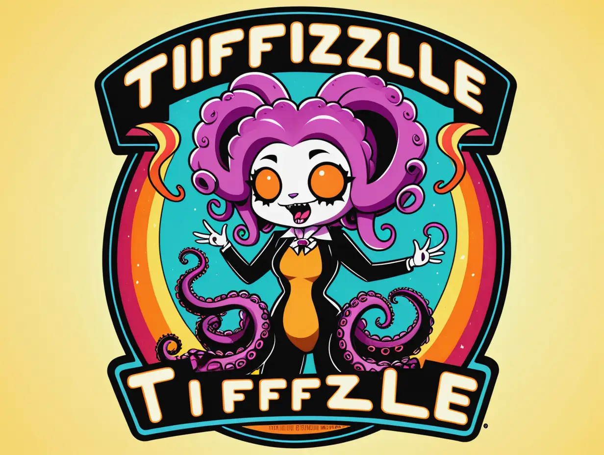 a retro product label called "Tiffizzle" featuring thicc attractive tentacle-carousel haired goth punk sunshine screaming karaoke dark fire stripes angry boogaloo in a doot doot zombuddy in the style of aggretsuko 