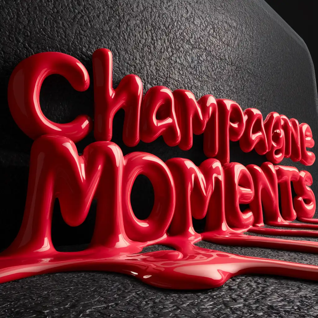 ultra realistic HIGH DEFINITION GLOSSY RED SLIME LETTERS, TEXT SAYING "CHAMPAGNE MOMENTS" ON A BLACK ASPHALT TEXTURE BACKGROUND WITH CINEMATIC LIGHTING