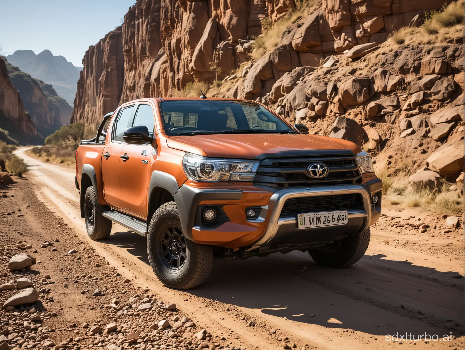 Hilux-Pickup-Truck-Driving-Along-Rocky-Road-Under-Sunny-Skies