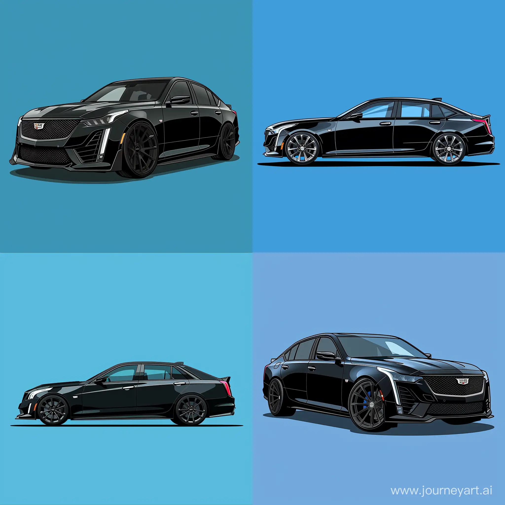 Minimalism 2D 2/3 Views Car Illustration of: Black Cadillac CT5 Customized, Simple Bold Blue Background, Adobe Illustrator Software, High Precision