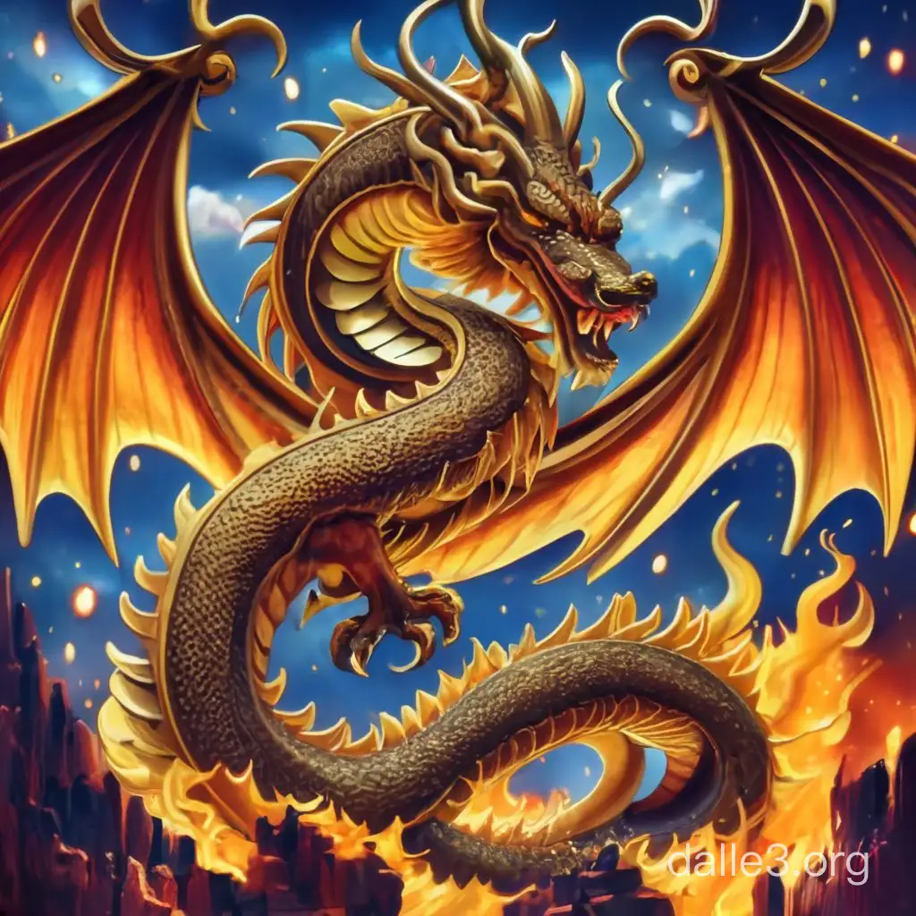 Create an image of a majestic golden dragon inspired by the Dragonball Z dragon, Shenron. The dragon should be depicted fiercely guarding its castle, adorned with treasures, amidst a backdrop of smoldering ruins. Show the dragon emitting blazing flames from its mouth, showcasing its power and invincibility. The dragon should bear numerous scars and battle wounds, yet exude an aura of undefeated strength. Beneath the dragon's towering presence, lay scattered skeletons of fallen foes, emphasizing its dominance and fearlessness. Capture the essence of a legendary guardian, feared and respected by all who dare to challenge its domain! 