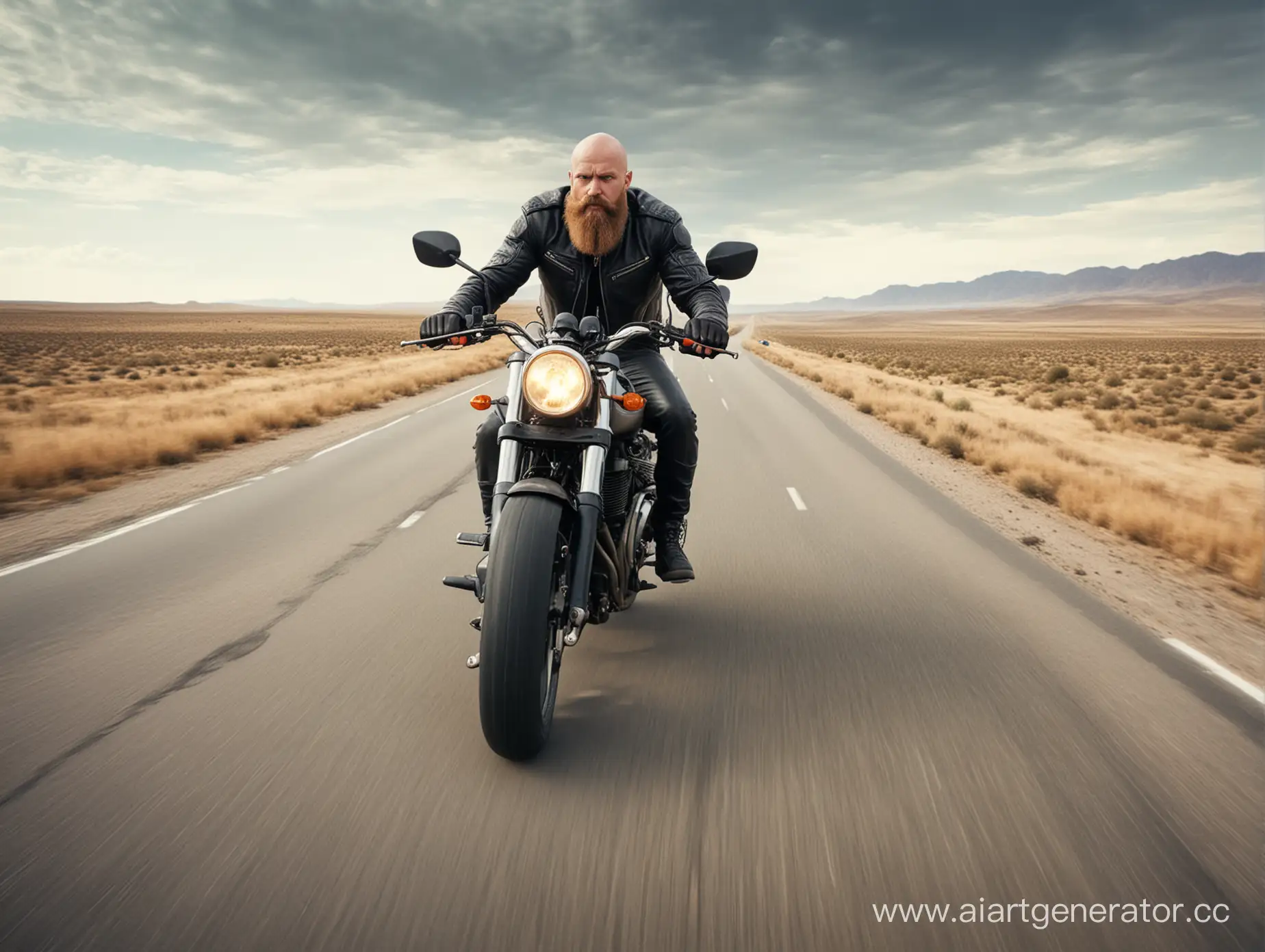 Бородатый лысый байкер едет на большой скорости на мотоцикле по пустынной дороге