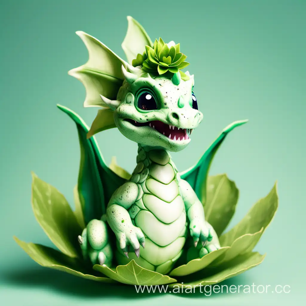 Новорожденный дракон из бутона цветка, белый с нежно зелеными крапинками на голове и крыльях, улыбается
