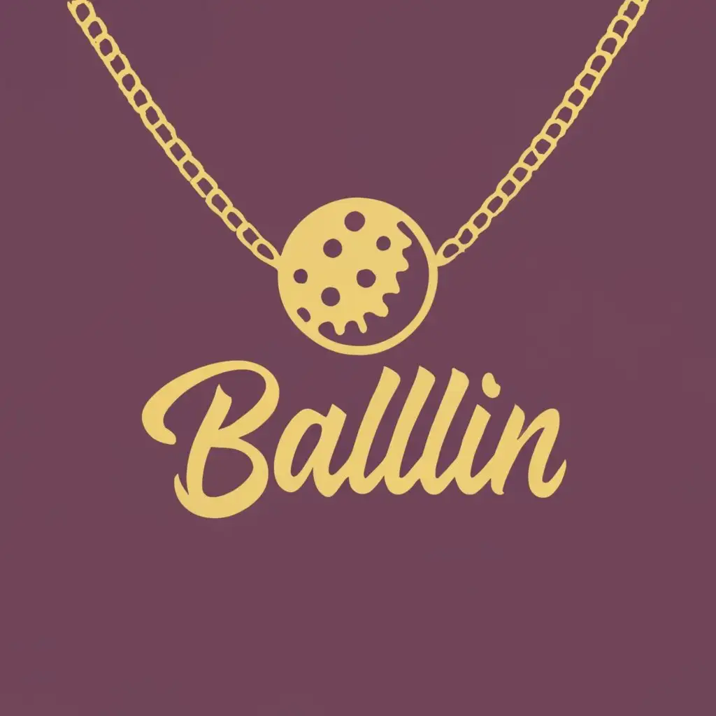 logo, GOLD MEATBALL ON CHAIN NECKLACE WITH BURGUNDY BACKGROUND, with the text "BALLIN", typography, be used in Restaurant industry