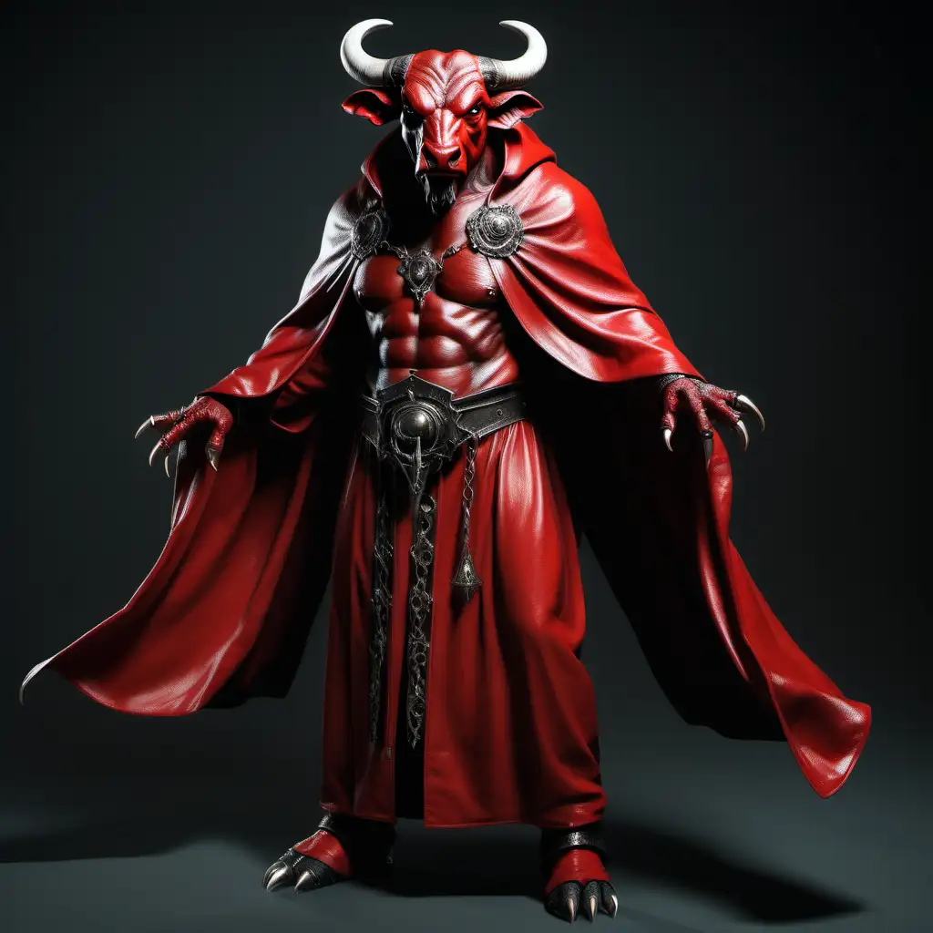 Realistic Bull Inquisitor Confronting FullLength Demon in Striking Red Robes
