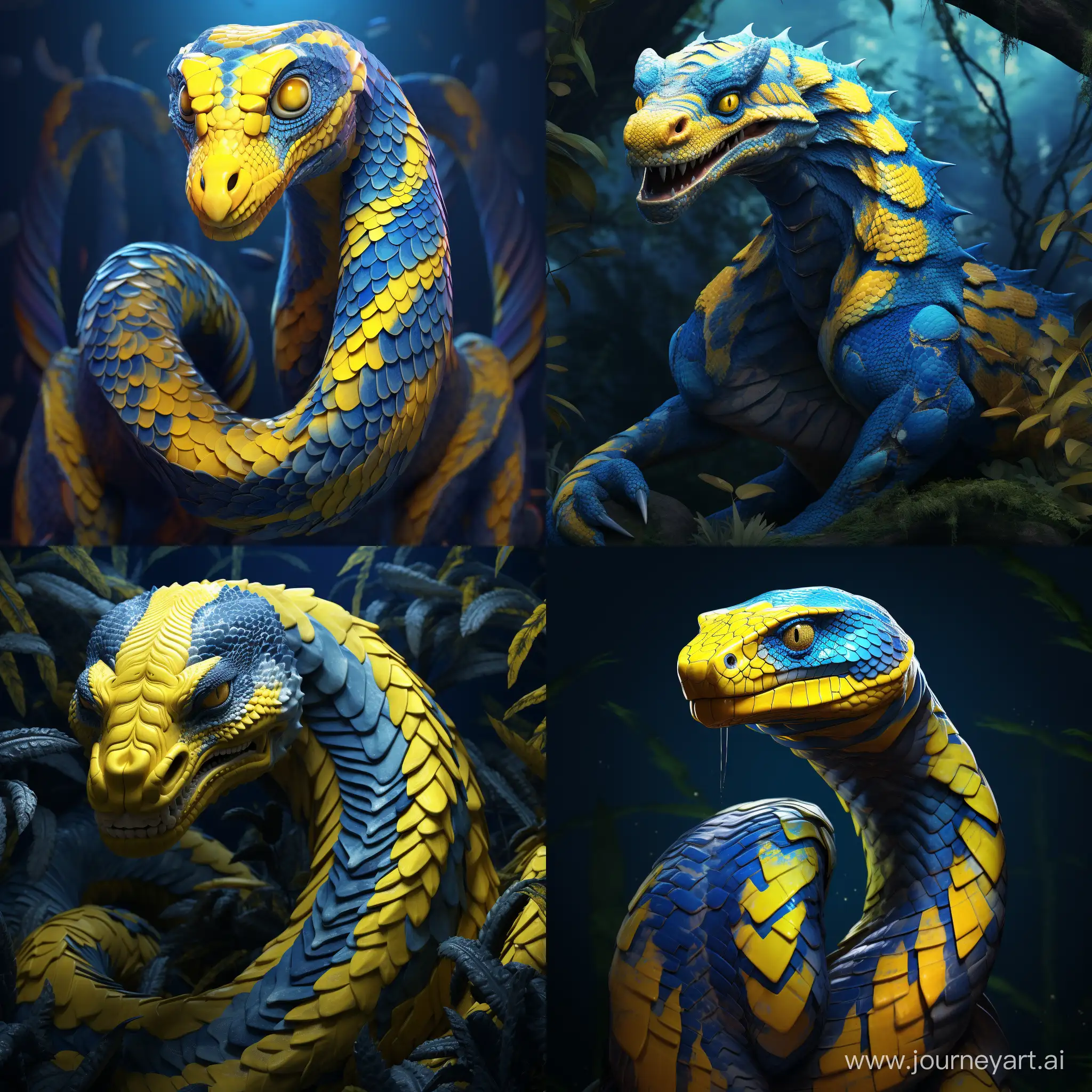 Yellow and blue python-inspired Dinosaur that looks like a symbol of Python