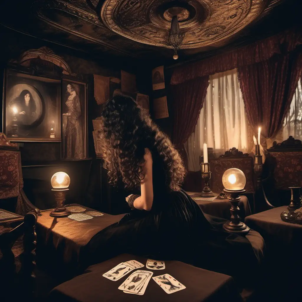 
looking at the back of a victorian era gypsy clairvoyant lady, she has long dark curly hair, she is wearing a beautiful black satin long dress  . She is  sitting facing away , she has small tarot cards on the table & a crystal ball 