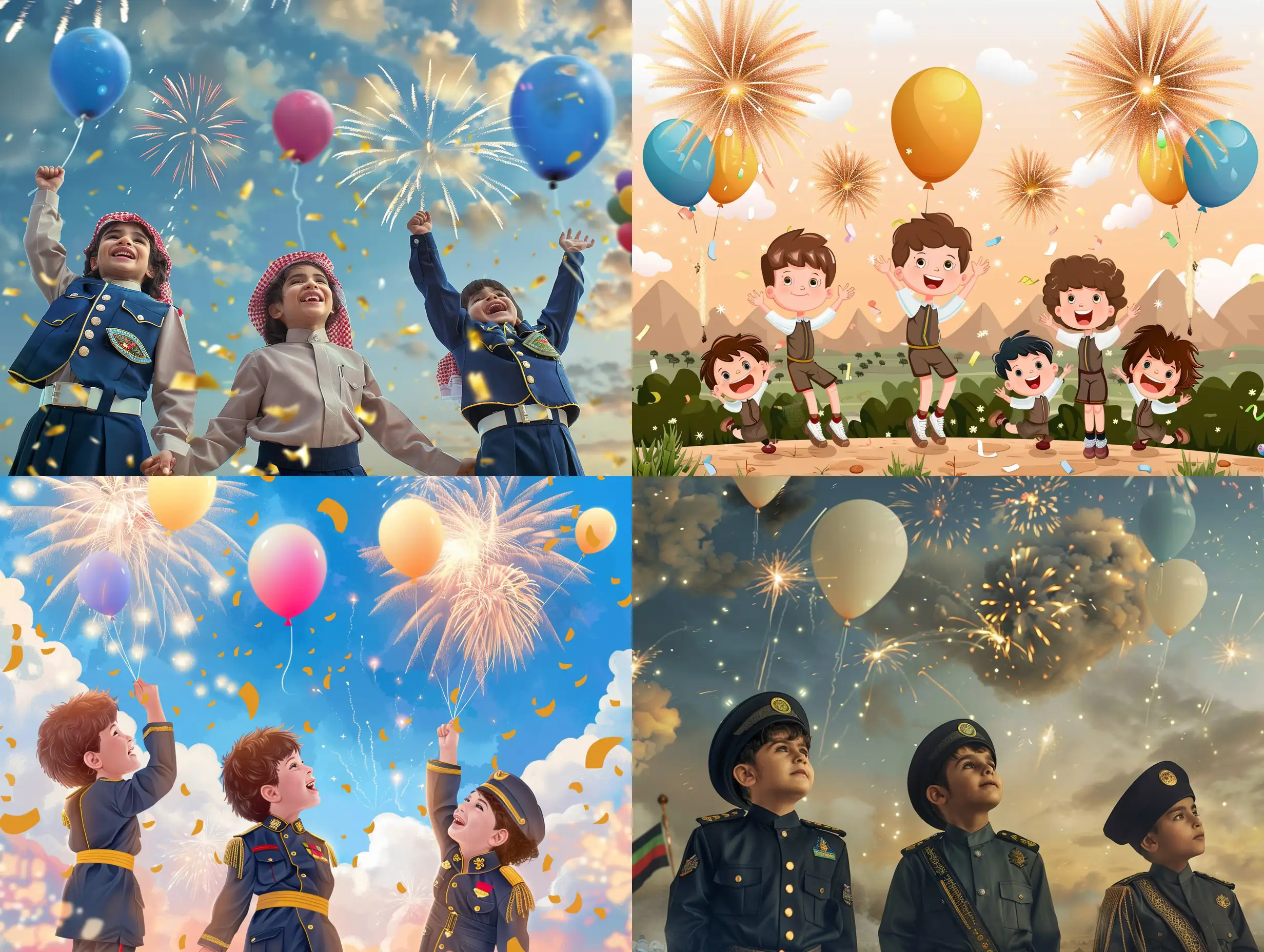 Happy male children wearing Eid clothes in Saudi uniforms, fireworks decorating the sky and balloons in a very beautiful overhead scene.
