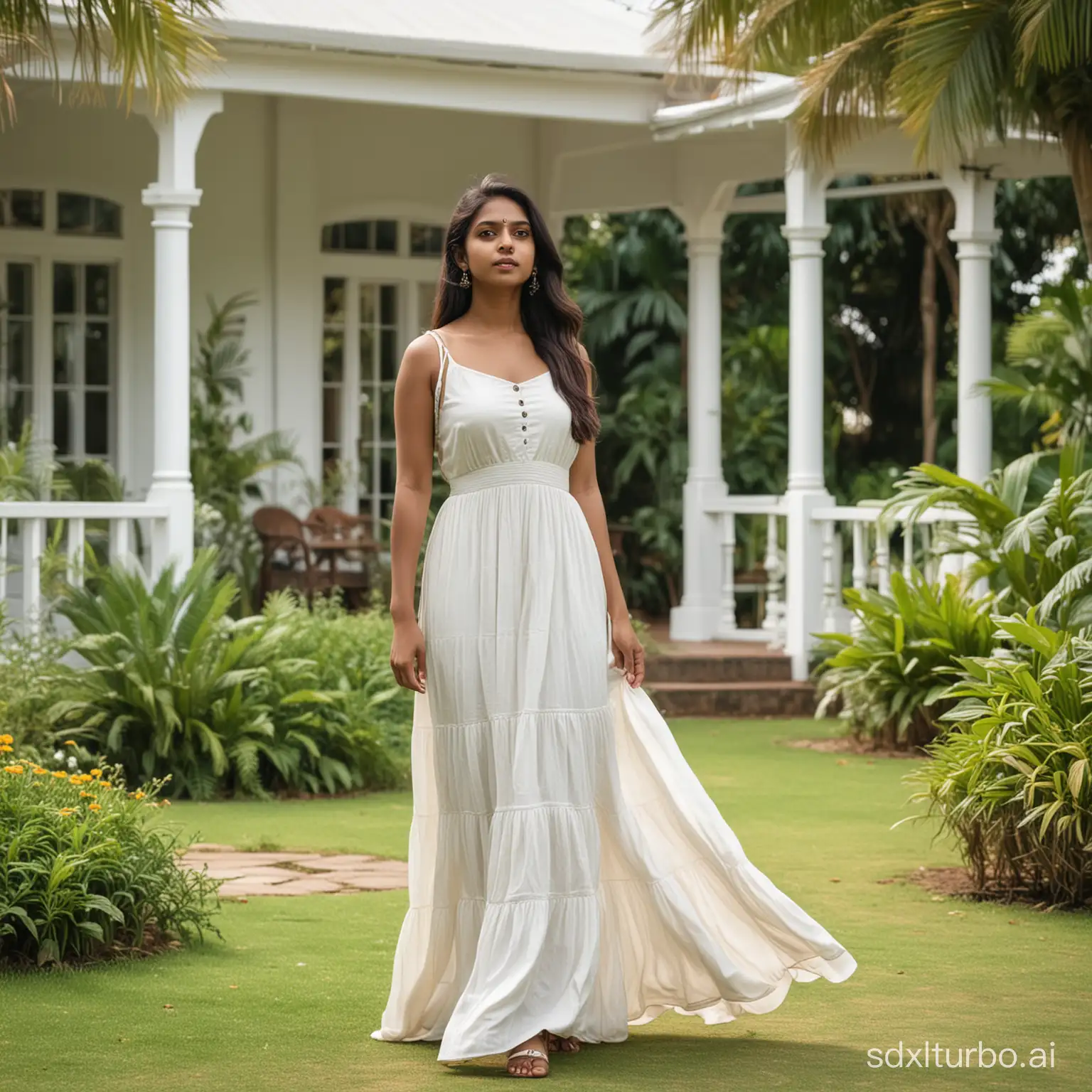 A young indian beautiful modern girl standing wearing white long dress , in front of a big bangalow with gardern