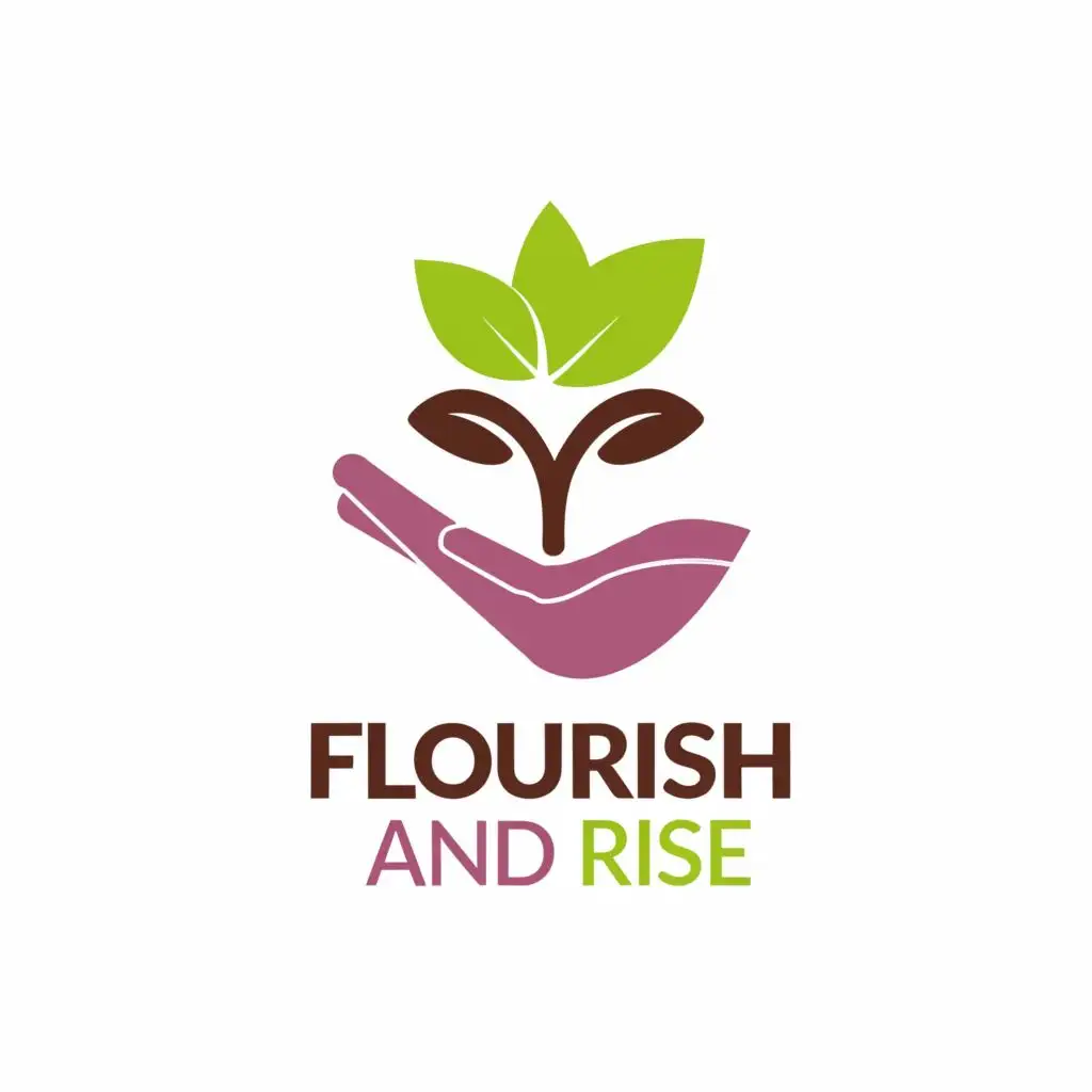 logo, A LEAF IN PALM OF A HAND, with the text "FLOURISH AND RISE", typography, be used in Nonprofit industry WITH A PURPLE AND DIRTY PINK