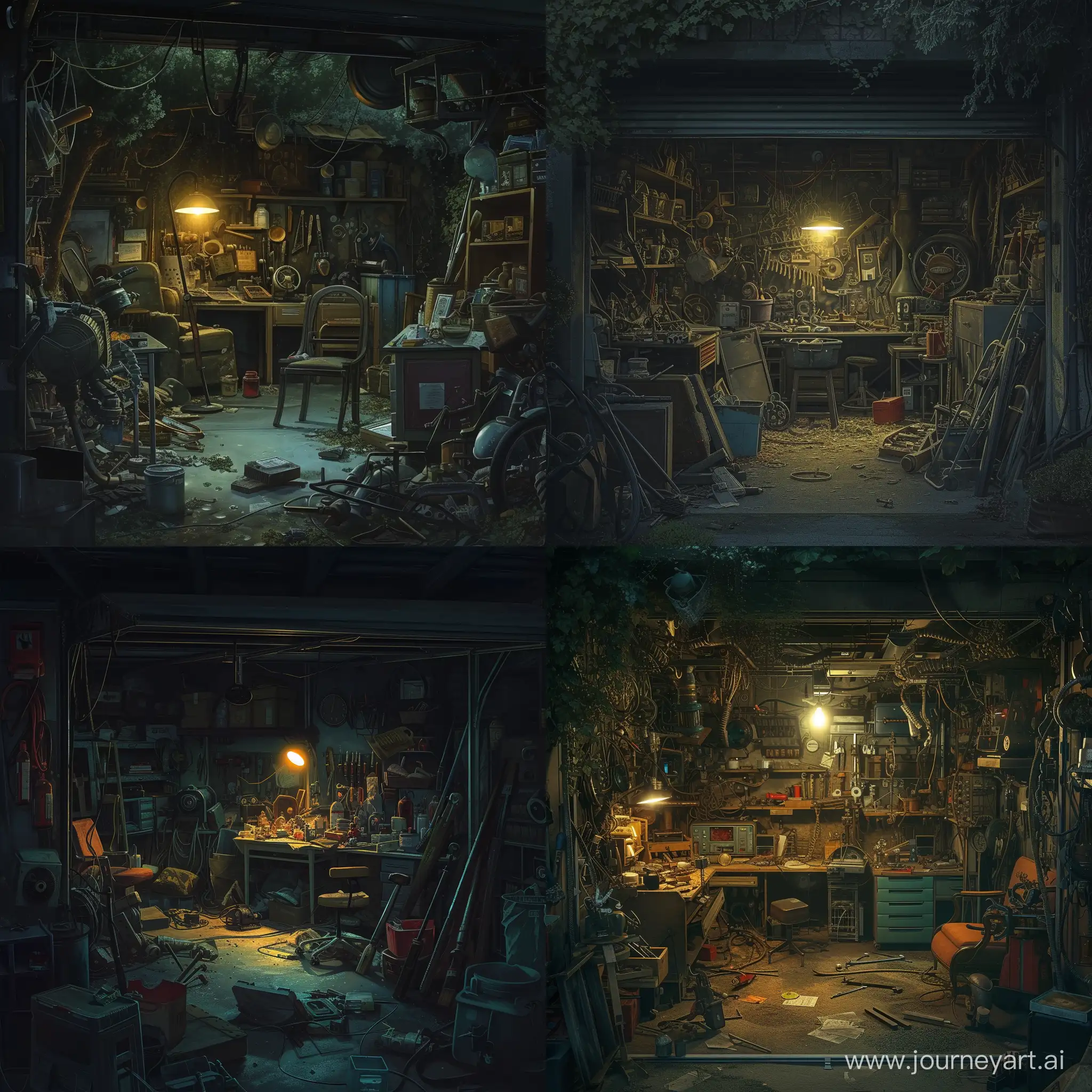  A cluttered garage filled with forgotten treasures and dusty furniture, illuminated by a single flickering light. The scene is reminiscent of a forgotten laboratory, with tools and equipment scattered about in a chaotic yet intriguing manner.