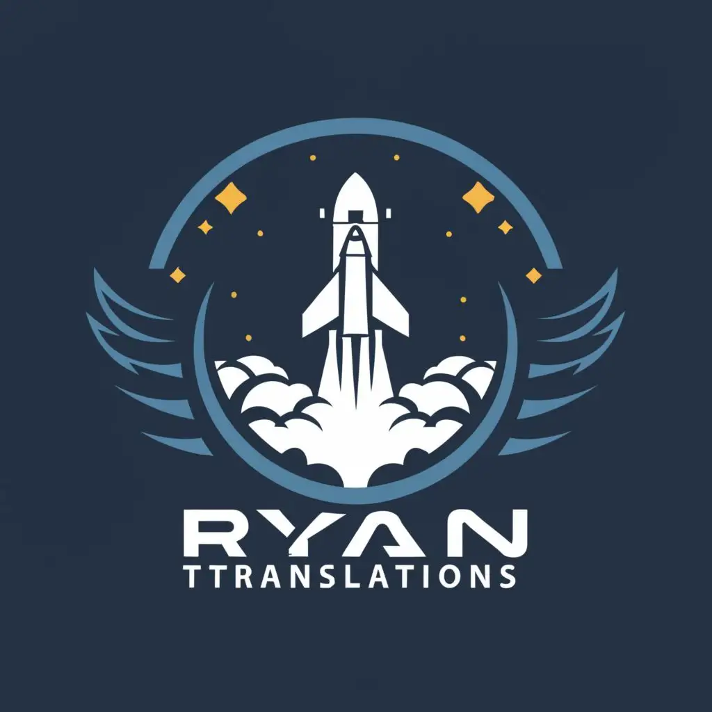 logo, a spacecraft lifting off, with the text "RyanTranslations", typography