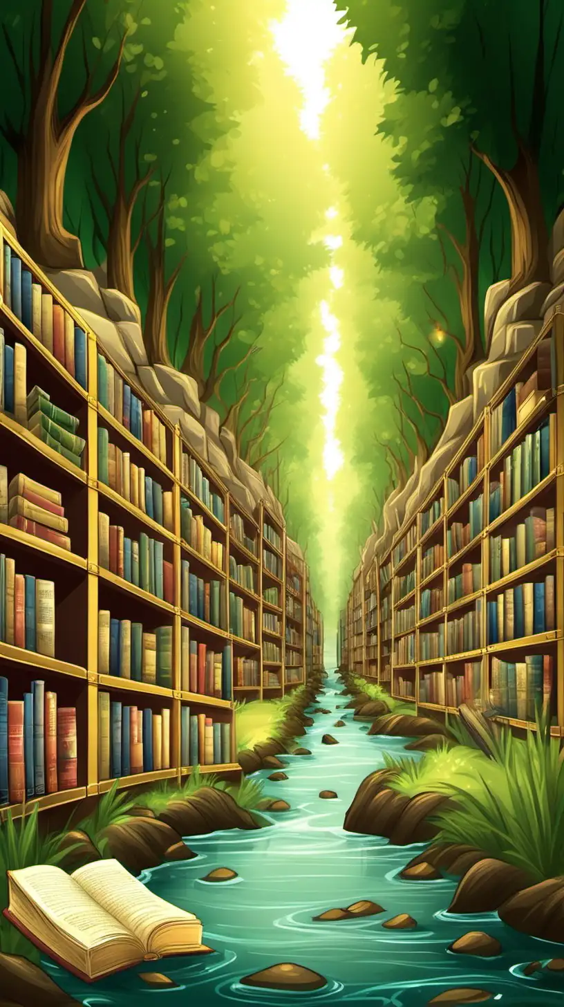 bookstore with a forest, river and treasure