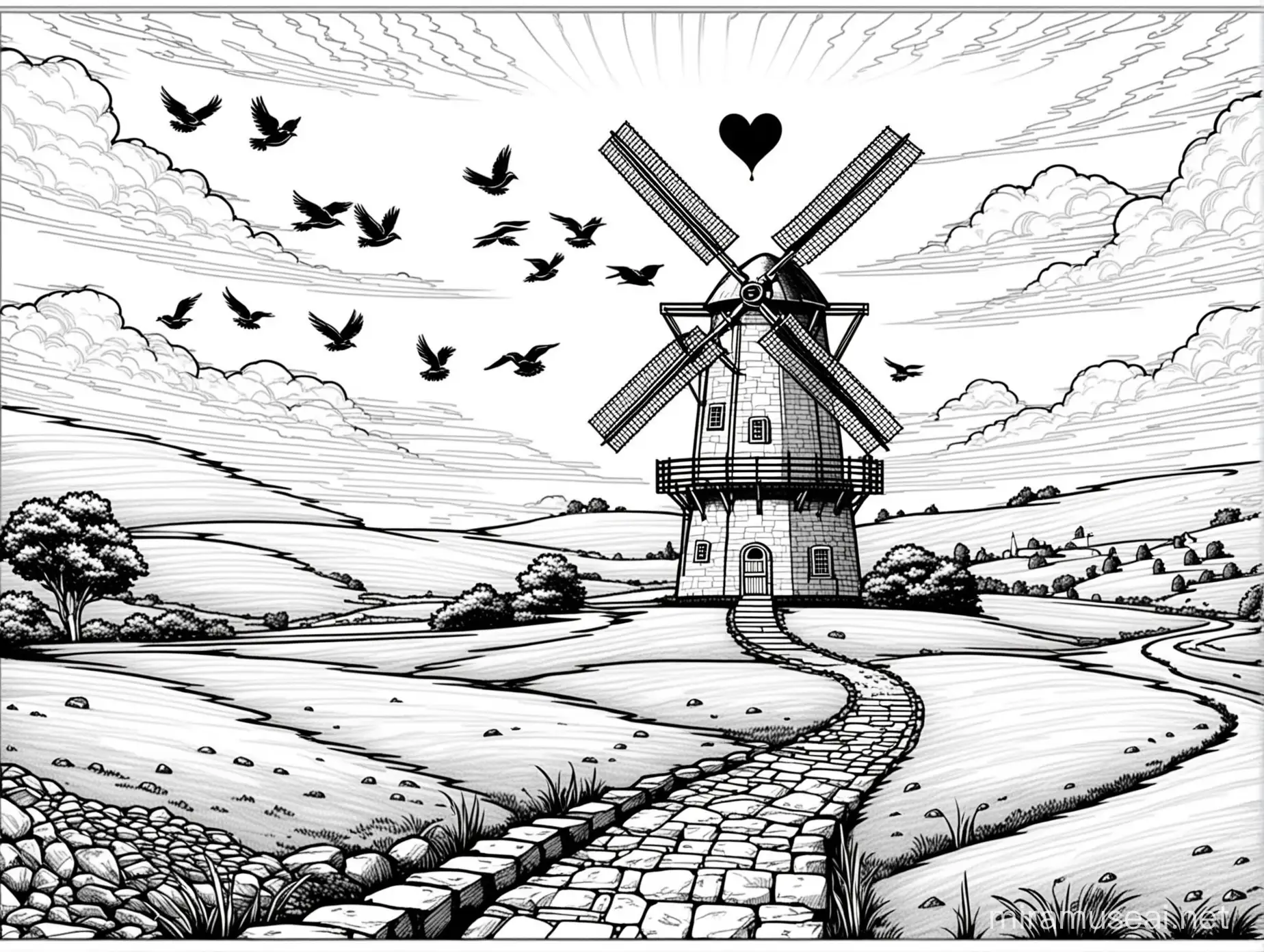 Coloring Page: 

Windmill:

Use bold black outlines.
The windmill tower could be a squat cylinder with a rounded top.
A tiny, crooked door with a heart-shaped window sits at the base of the windmill.
Atop the windmill is a whimsical weathervane.

Details:

Around the base of the windmill, a winding path paved with stones leads uphill.
In the distance, a flock of birds soars across the sky.

Coloring Freedom:  This coloring page offers plenty of space for creativity.  No colors used, except black and white.  Clear lines.  High contrast.  No shading.
