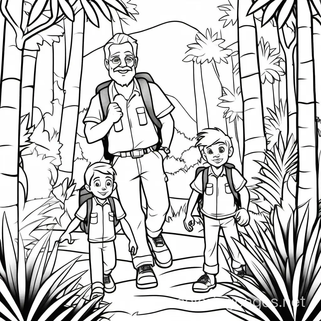 colouring page, black and white, line art, simplicity, Disney father with white hair and goatee and two sons with white hair on a camping trip in the jungle, Coloring Page, black and white, line art, white background, Simplicity, Ample White Space. The background of the coloring page is plain white to make it easy for young children to color within the lines. The outlines of all the subjects are easy to distinguish, making it simple for kids to color without too much difficulty