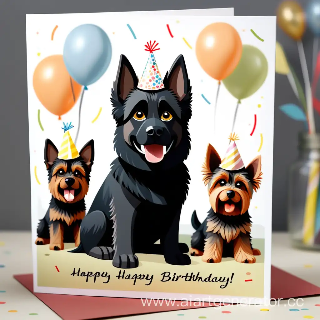 Поздравительная открытка с днём рождения с немецкой овчаркой черного цвета и двумя йорширскими тарьерами на заднем фоне 
