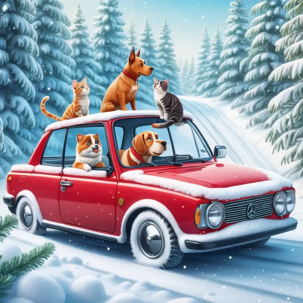 В красной машине сидит собака за рулем, рядом кот, на крыше машины лежит пес. Они едут через снежный лес. общий план. в машине новогодние подарки