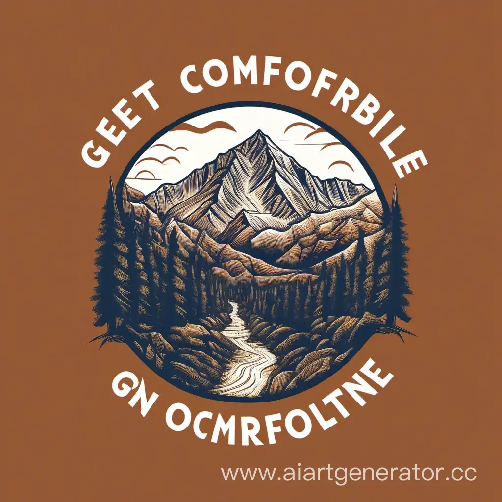 Design an inspiring t-shirt artwork with the text 'Get comfortable being uncomfortable' seamlessly integrated with graphics of trekking activities into the mountains. Utilize a harmonious blend of typography and illustrations, ensuring the text becomes an integral part of the design. Illustrate hikers navigating challenging terrains, climbing mountains, and embracing the journey. Employ a color palette that complements the theme, evoking a sense of adventure and resilience. The overall design should convey a motivational message, encouraging an adventurous spirit in the face of challenges. minimal design.  