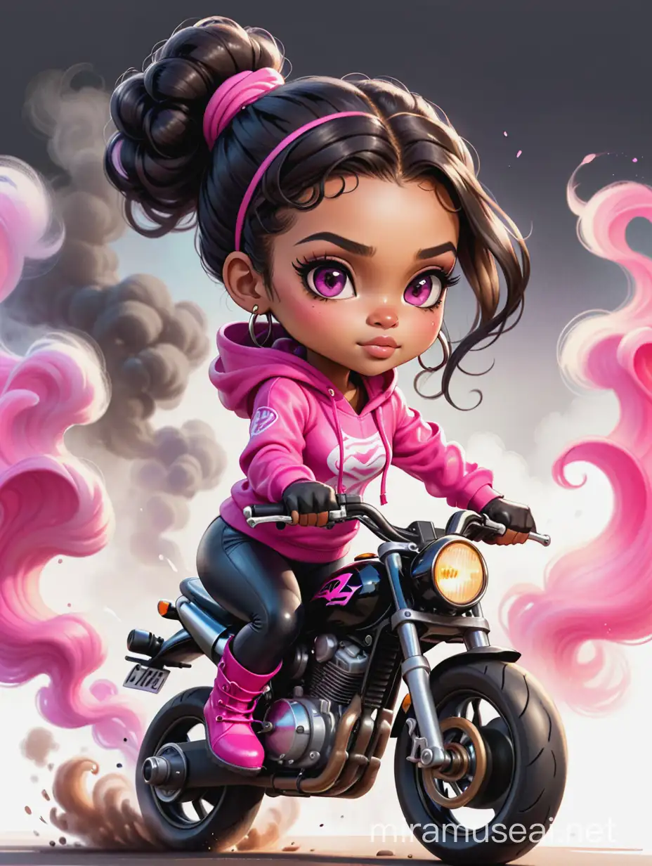 Create a watercolor illustration of a chibi cartoon full figure black female riding a sports motorcycle. She is wearing hot pink hoodie and black tights with biker boots. Prominent make up with log lashes and hazel eyes. Extremely highly detailed black shiny wavy hair up in a messy bun. Background of smoke surrounding her and the bike and she's at a bike show.