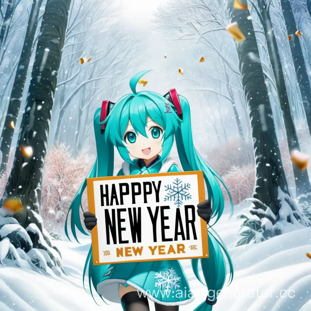 Hatsune Miku, держит табличку, с надписью (Happy new year), в лесу, зимой, вокруг снег, идет снег, падает снег