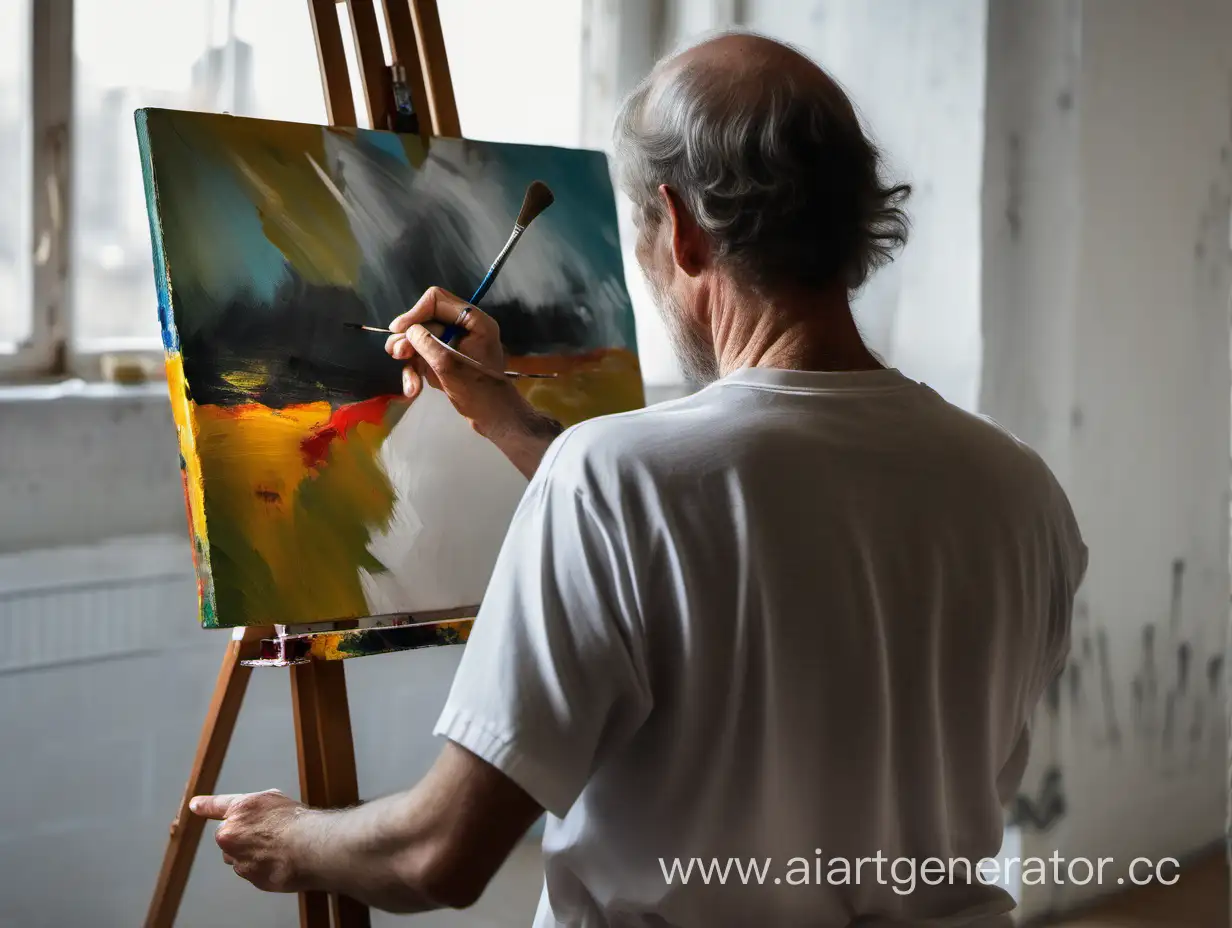 The artist paints a self-portrait. View behind the back