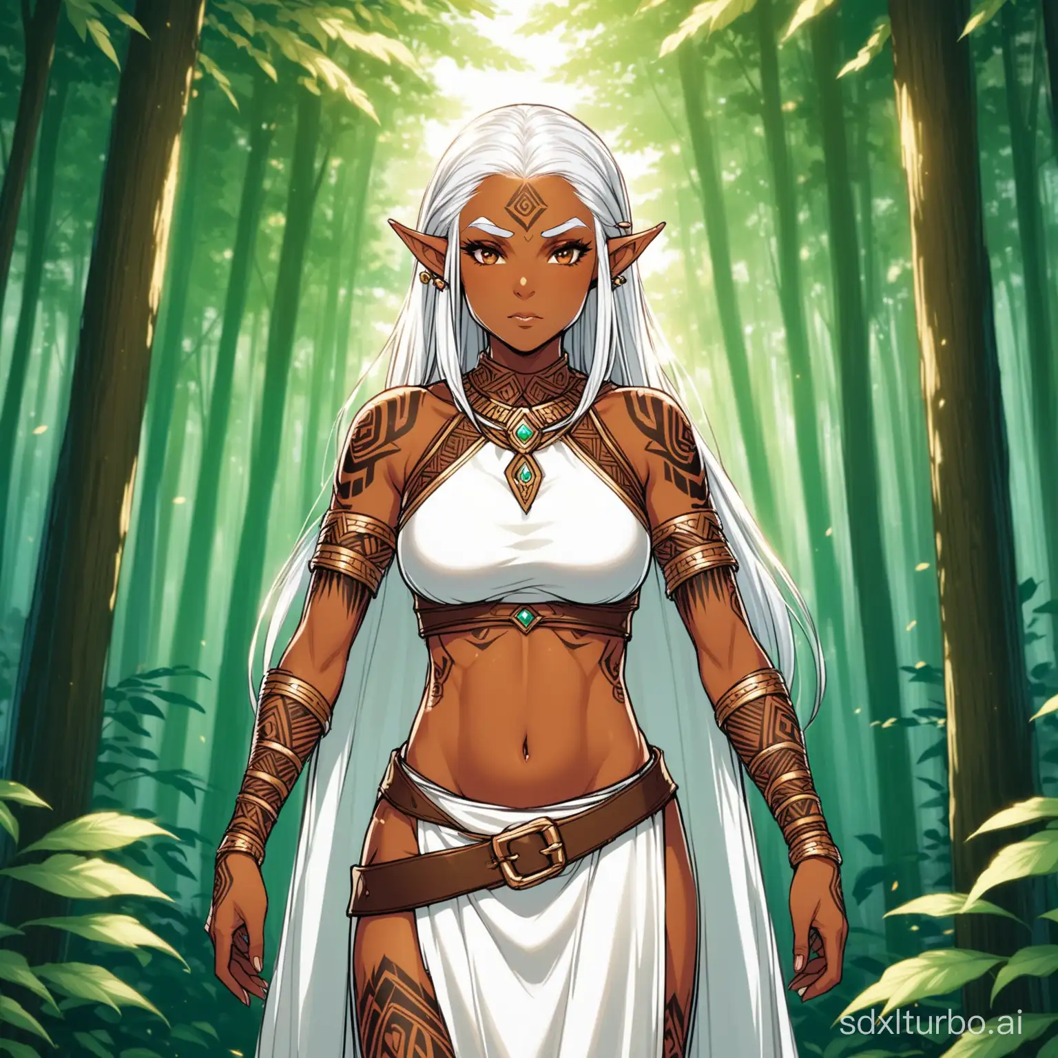 A mature (((tall elf woman))) with dark brown skin and long, flowing white hair framing a striking bang style, dressed in small light armor and accessorized with tribal tattoos on her arms and midriff, standing confidently in a (forest setting) oozing an air of seriousness.