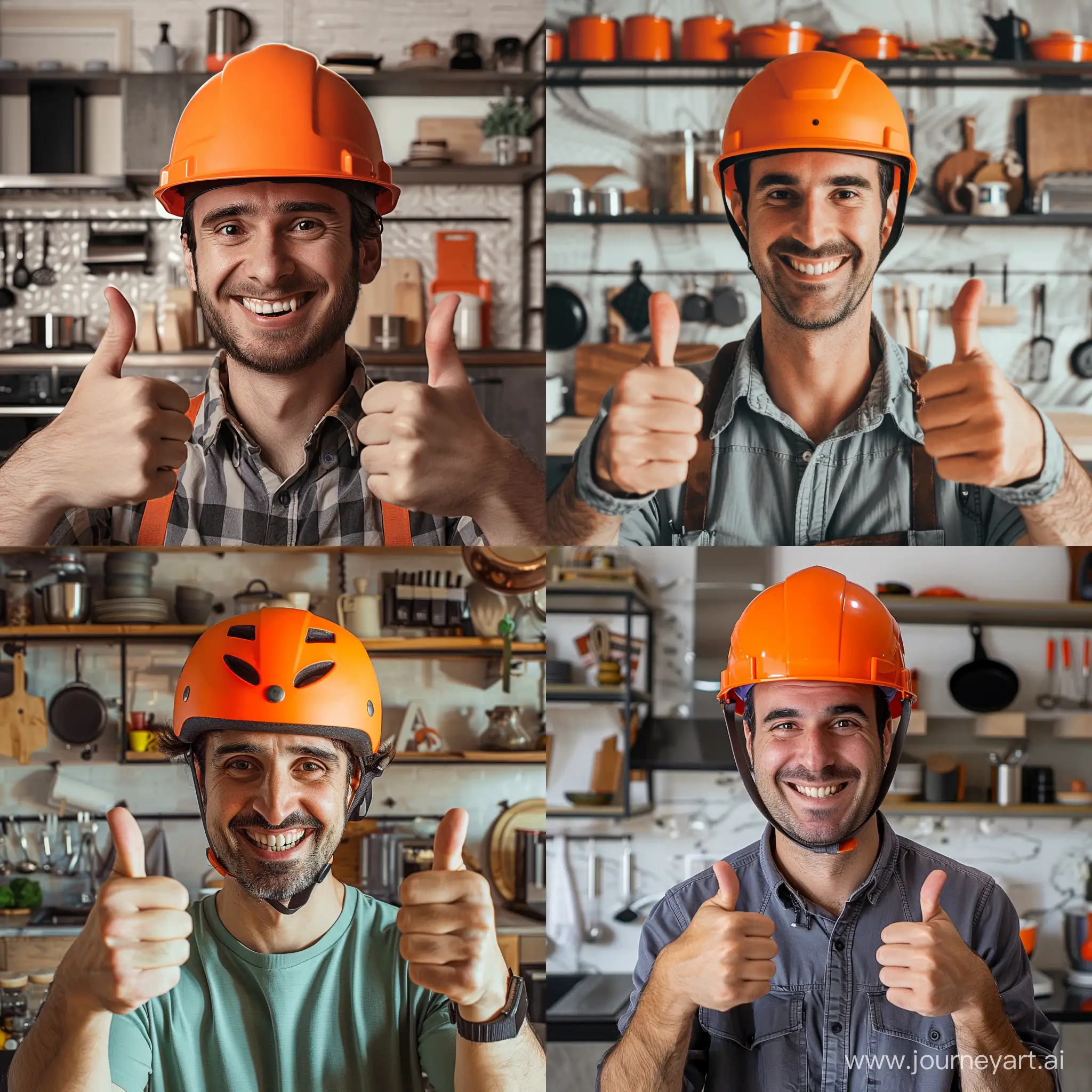 Мужчина в оранжевой каске улыбается, на фоне кухонный гарнитур, показывает большие пальцы